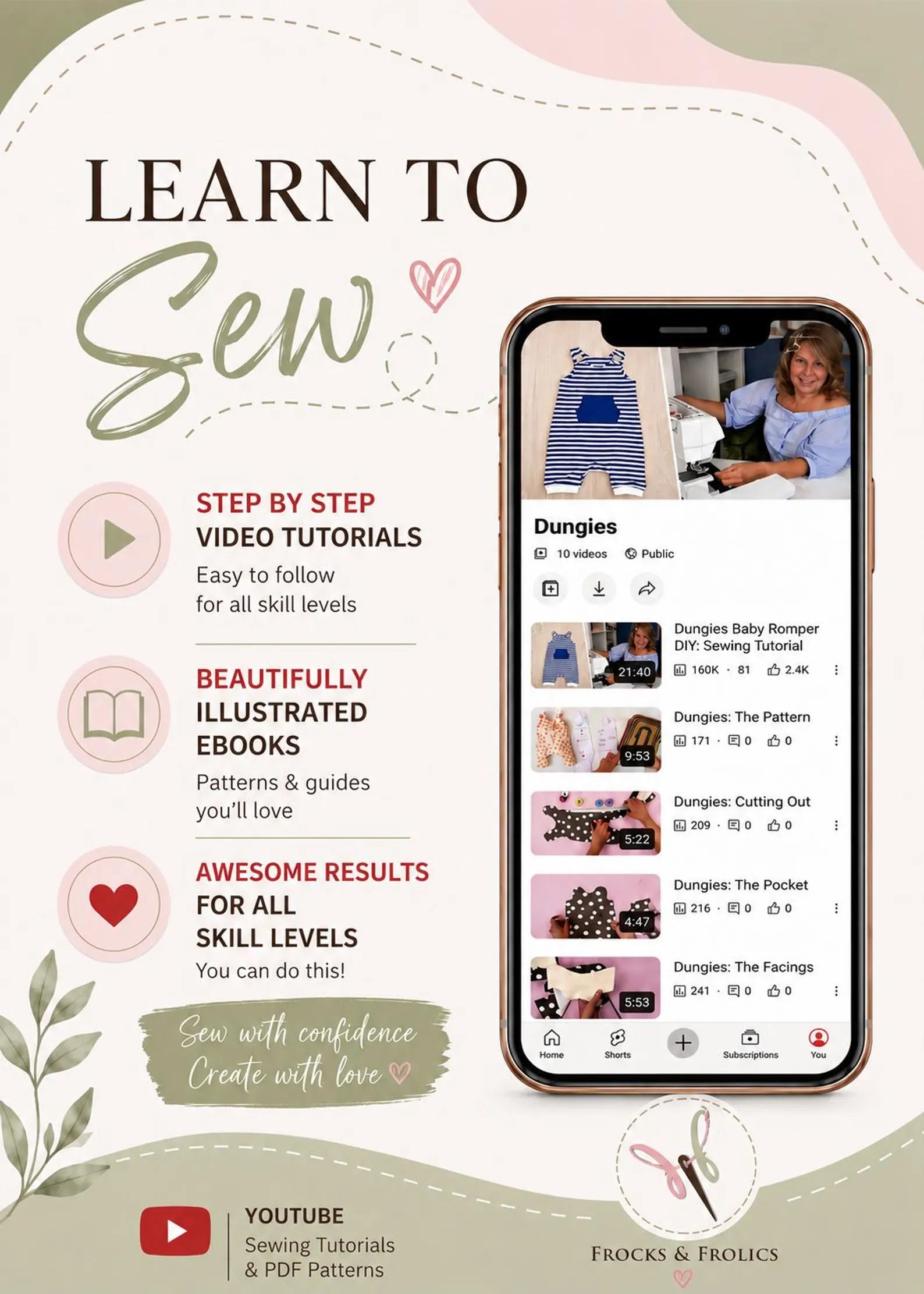 Promotional graphic for a sewing course or ebook titled 'LEARN TO Sew' by FROCKS & FROLICS.  YouTube-style video page for 'Dungies Sewing Tutorial', alongside text highlighting key course features like step-by-step video tutorials, illustrated ebooks, and great results.