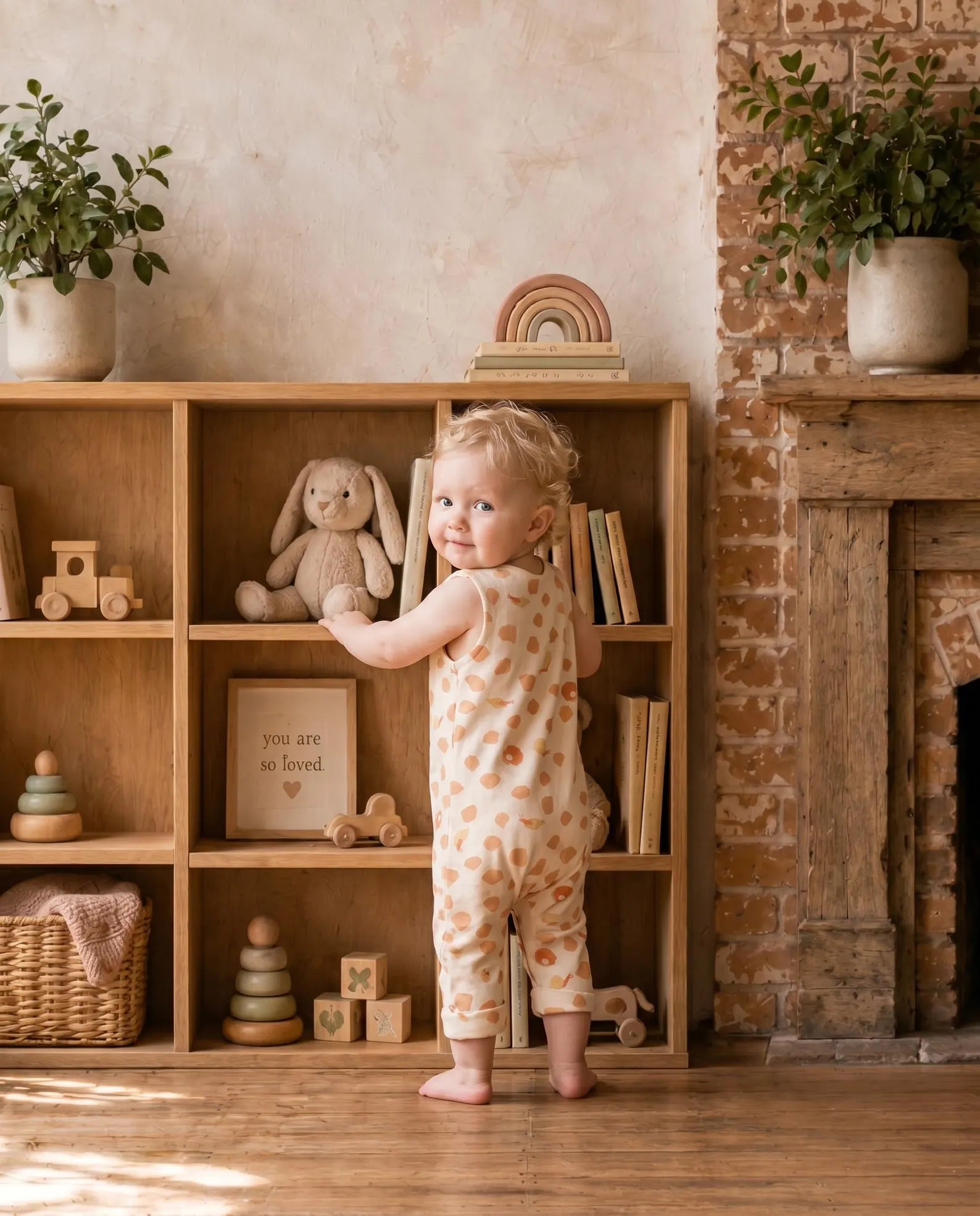 A toddler stands barefoot in a cozy nursery setting, wearing a cream-colored one-piece jumpsuit with orange polka dots. The child is positioned in front of a wooden bookshelf filled with toys, books, and a stuffed bunny, with a rustic brick fireplace and potted plants in the background.