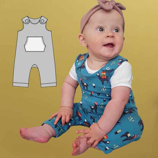 Dungies, baby romper pdf sewing pattern by Frocks & Frolics. For four way stretch interlock jersey. With gusset. Front pocket and dungaree closure. Comes with free video tutorial.