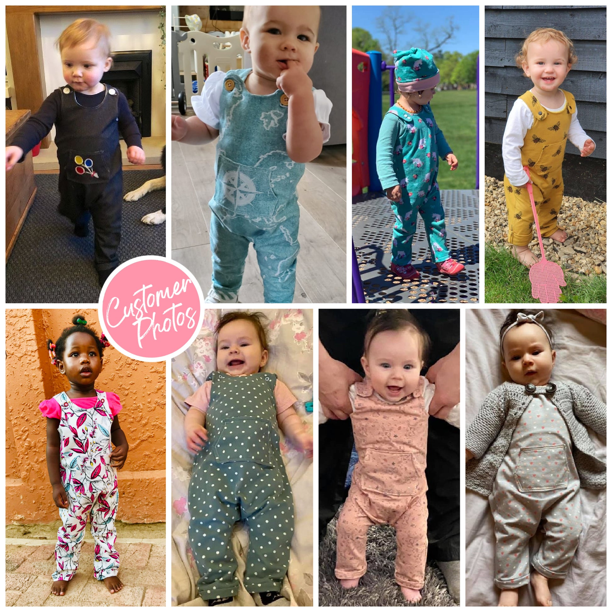 Dungies, baby romper pdf sewing pattern by Frocks & Frolics. For four way stretch interlock jersey. With gusset. Front pocket and dungaree closure. Comes with free video tutorial. Customer makes.