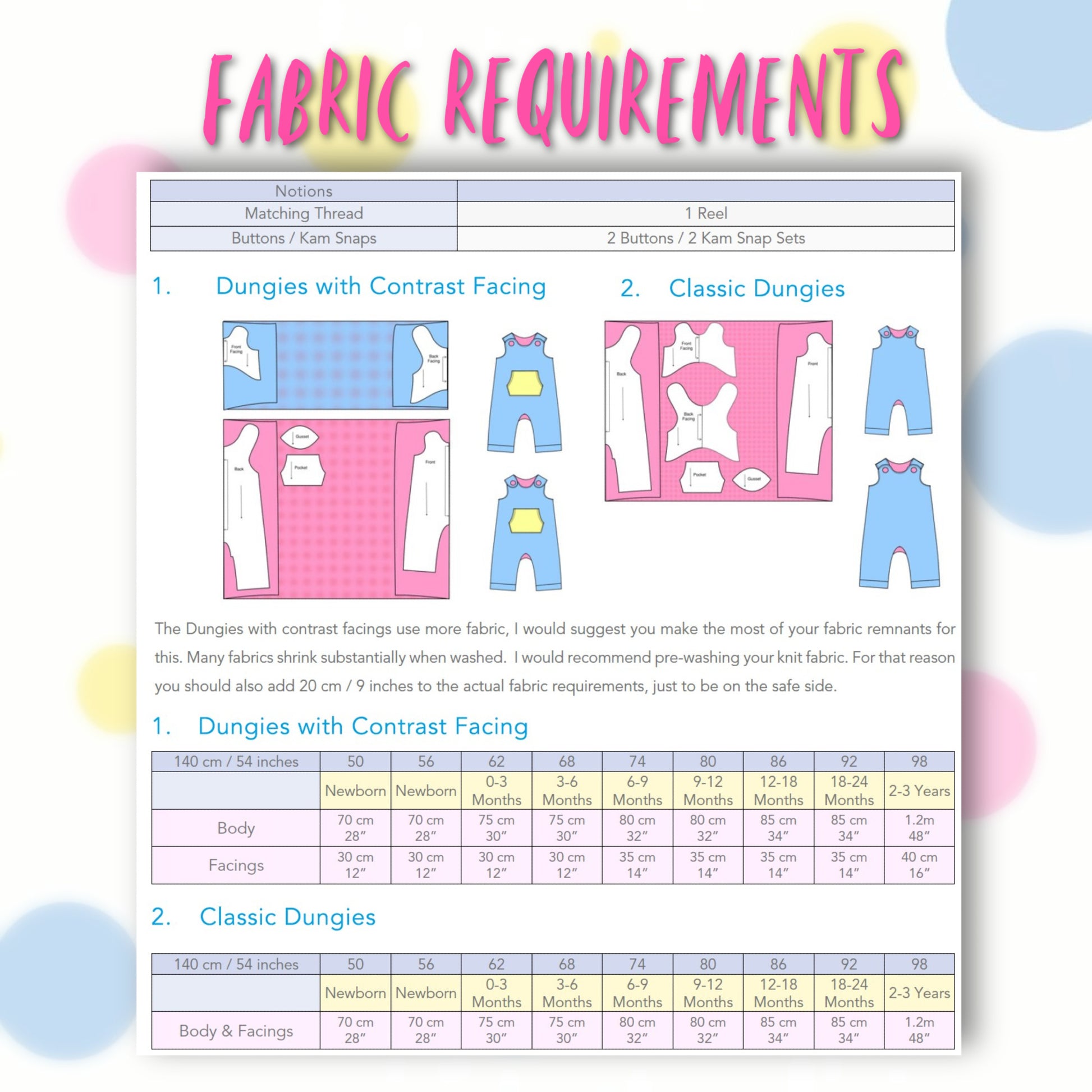 Dungies, baby romper pdf sewing pattern by Frocks & Frolics. For four way stretch interlock jersey. With gusset. Front pocket and dungaree closure. Comes with free video tutorial. Fabric requirements.