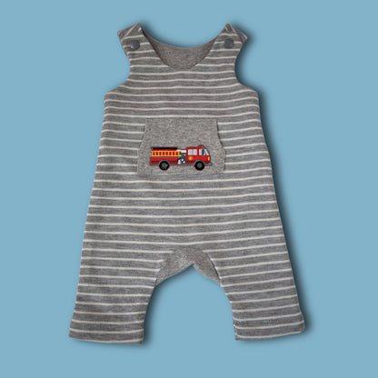 Dungies, baby romper pdf sewing pattern by Frocks & Frolics. For four way stretch interlock jersey. With gusset. Front pocket and dungaree closure. Comes with free video tutorial.