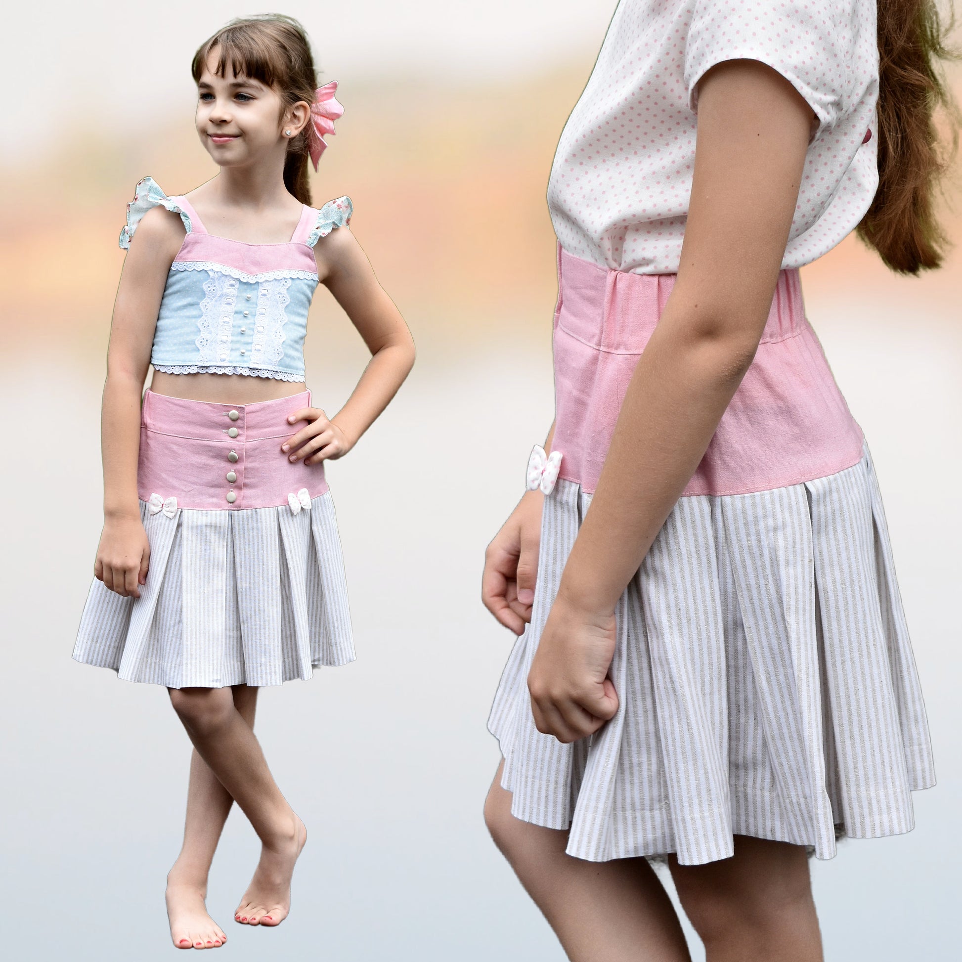 Frances pleated linen skirt, with a yoke and elasticated waistband. Back to schoolskirt, perfect pdf sewing pattern for all sewing levels.