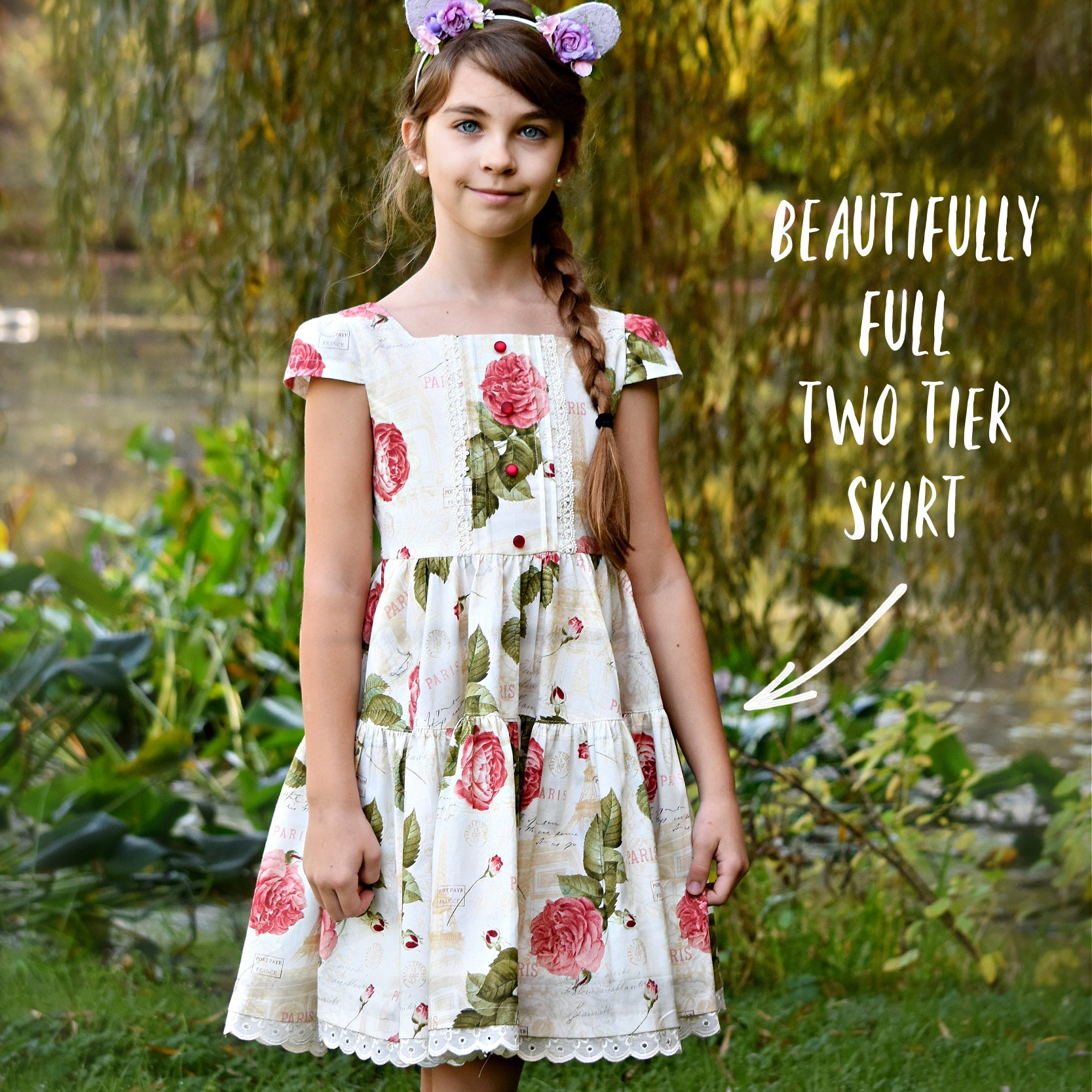Isabella dress pdf sewing pattern by Frocks and Frolics. Vintage dress with large rose print, tudor neckline, short cap sleeves and a button down back closure. Optional pin tucks on the bodice. Comes with detailed video tutorial.