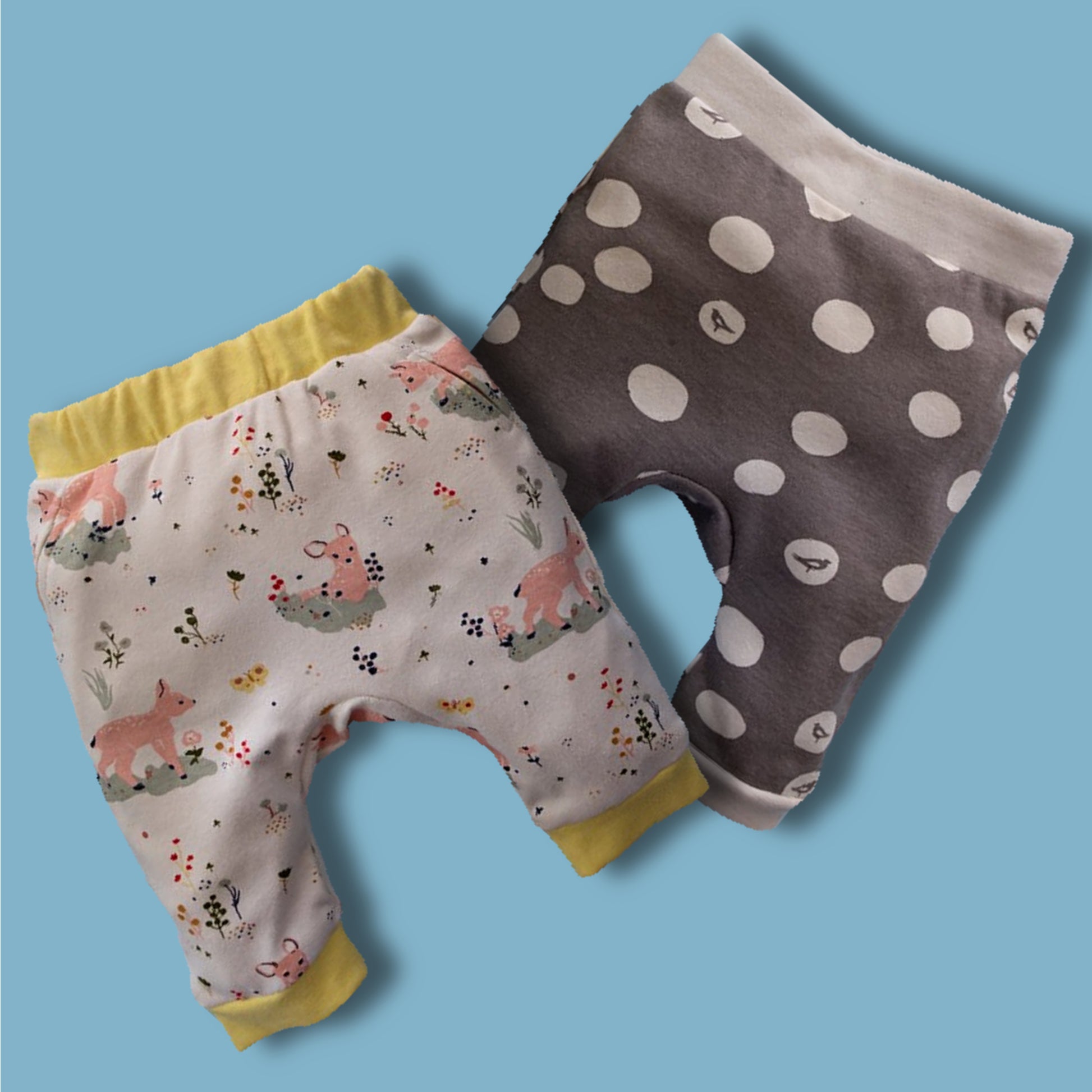 Bubble Gum baby pants, pdf sewing pattern by Frocks & Frolics. Cute litte romper with elasticated waistband, side pockets and hem ribbing. Comes with a video sewing course for every step.