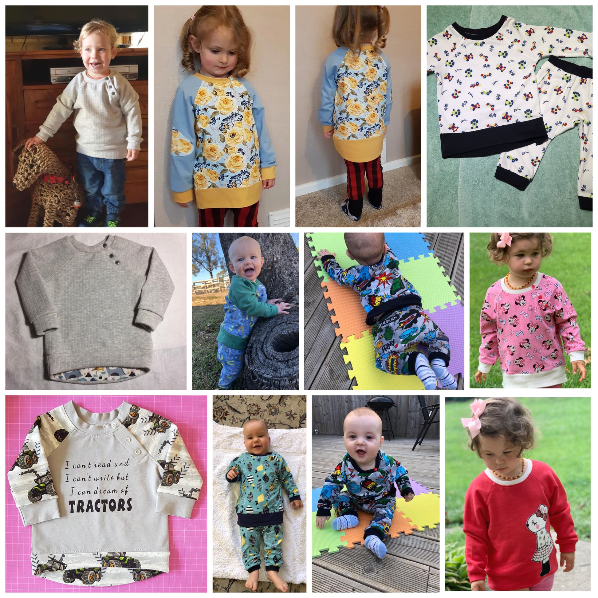 Jelly Bean Sweater, pdf sewing pattern by Frocks & Frolics. Raglan jumper with optional KamSnap opening in the raglan sleeve seam. High low hem trim and cuffs in contrast four way stretch interlock fabric. Includes a free video tutorial. Customer makes.