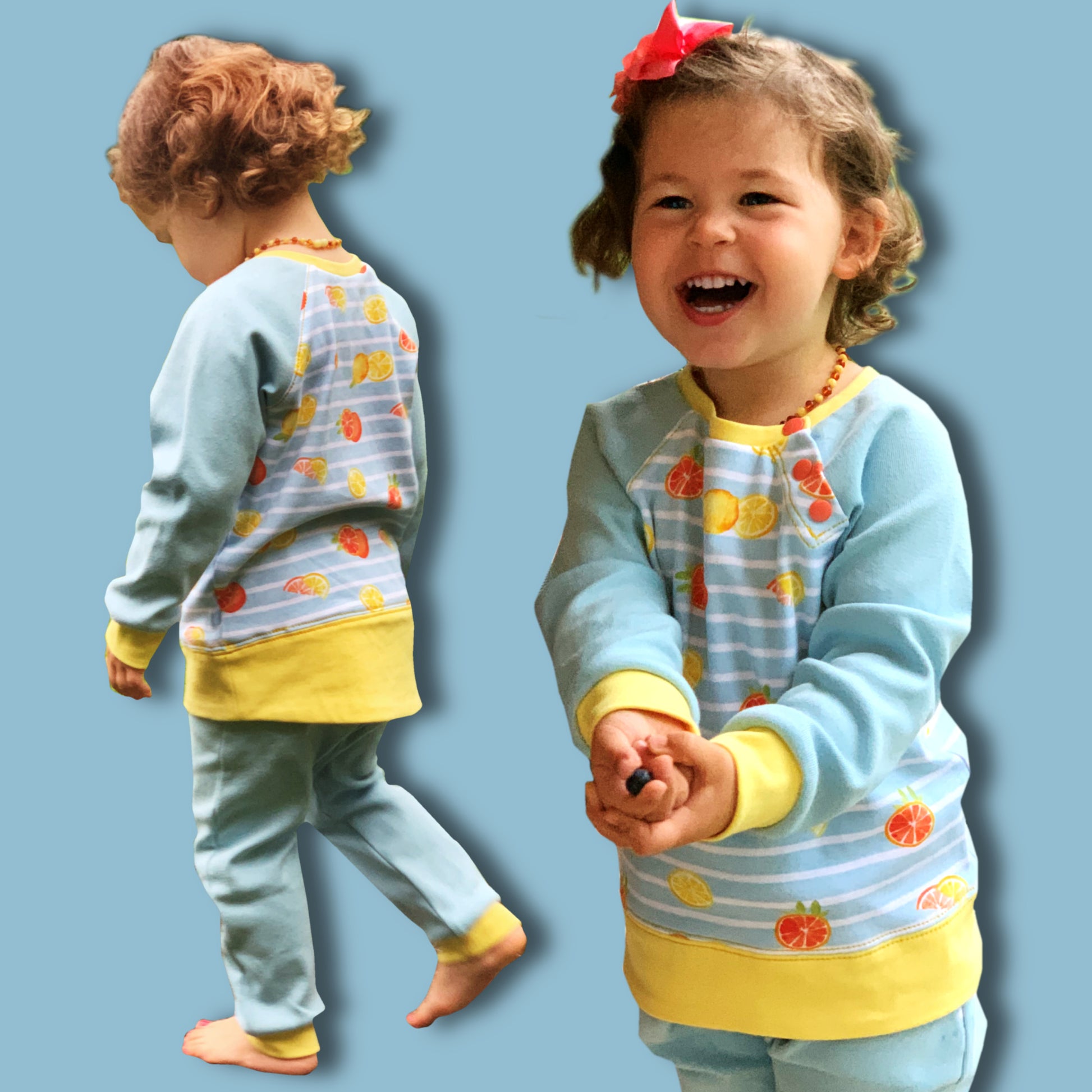 Jelly Bean Sweater, pdf sewing pattern by Frocks & Frolics. Raglan jumper with optional KamSnap opening in the raglan sleeve seam. High low hem trim and cuffs in contrast four way stretch interlock fabric. Includes a free video tutorial.