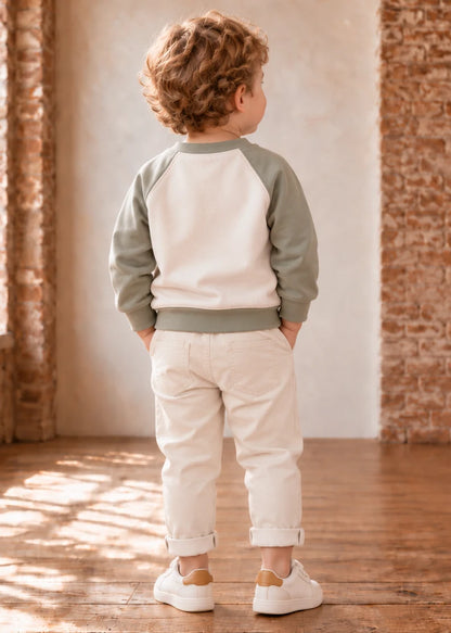 Jelly Bean Sweater sewing pattern – sage and cream raglan sweatshirt on a boy, back view