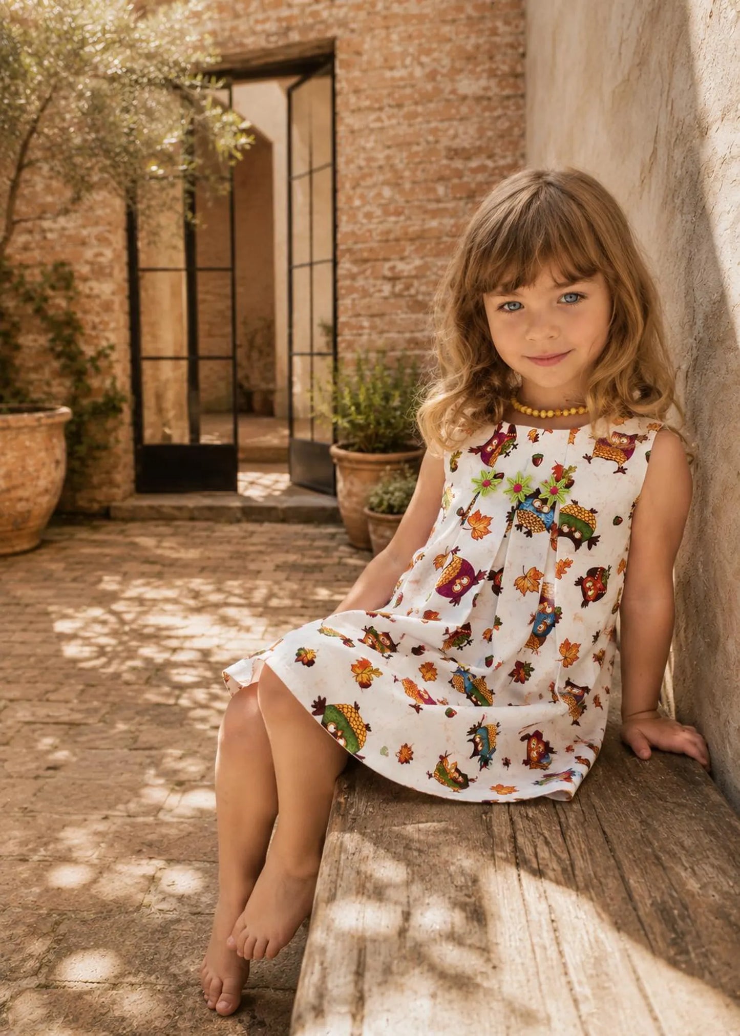 A young girl with light brown hair sits on a wooden bench in a sunlit courtyard, wearing a sleeveless white dress covered in colorful cartoon characters.