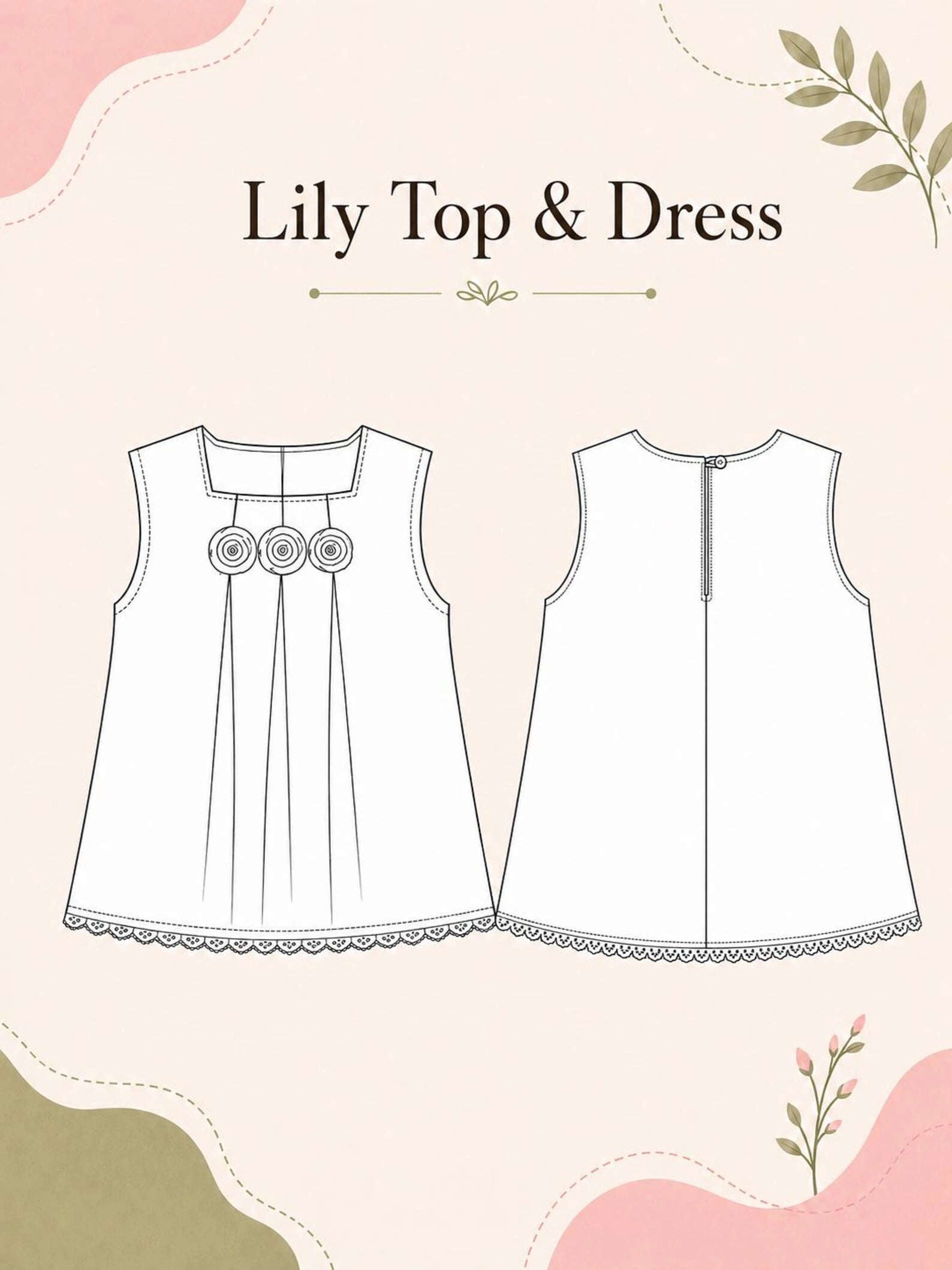 A sewing pattern or design sheet showing front and back line drawings of a sleeveless children's top and dress set, titled 'Lily Top & Dress,'