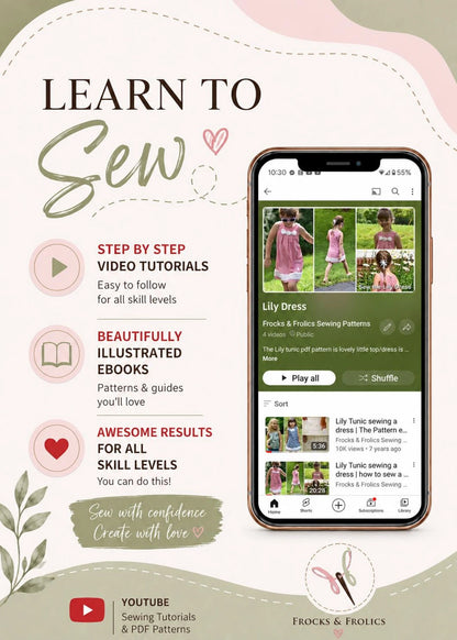 Promotional graphic for the 'Lily Dress' sewing pattern by Frocks & Frolics, featuring a smartphone displaying the app interface alongside text highlighting step-by-step video tutorials, illustrated ebooks, and positive user results.