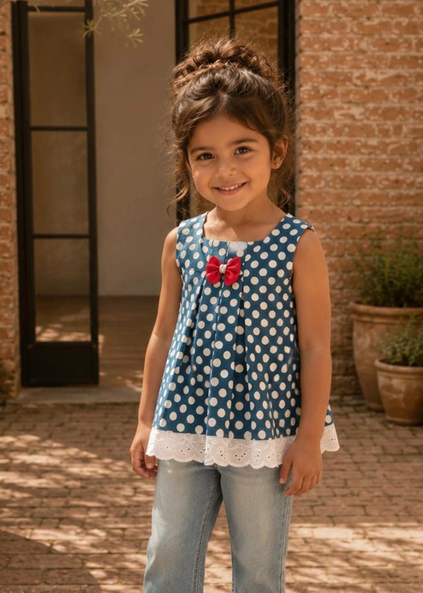 A young girl stands outdoors in front of a brick building, wearing a sleeveless blue and white polka dot top with a red bow and white lace hem, paired with light blue jeans.