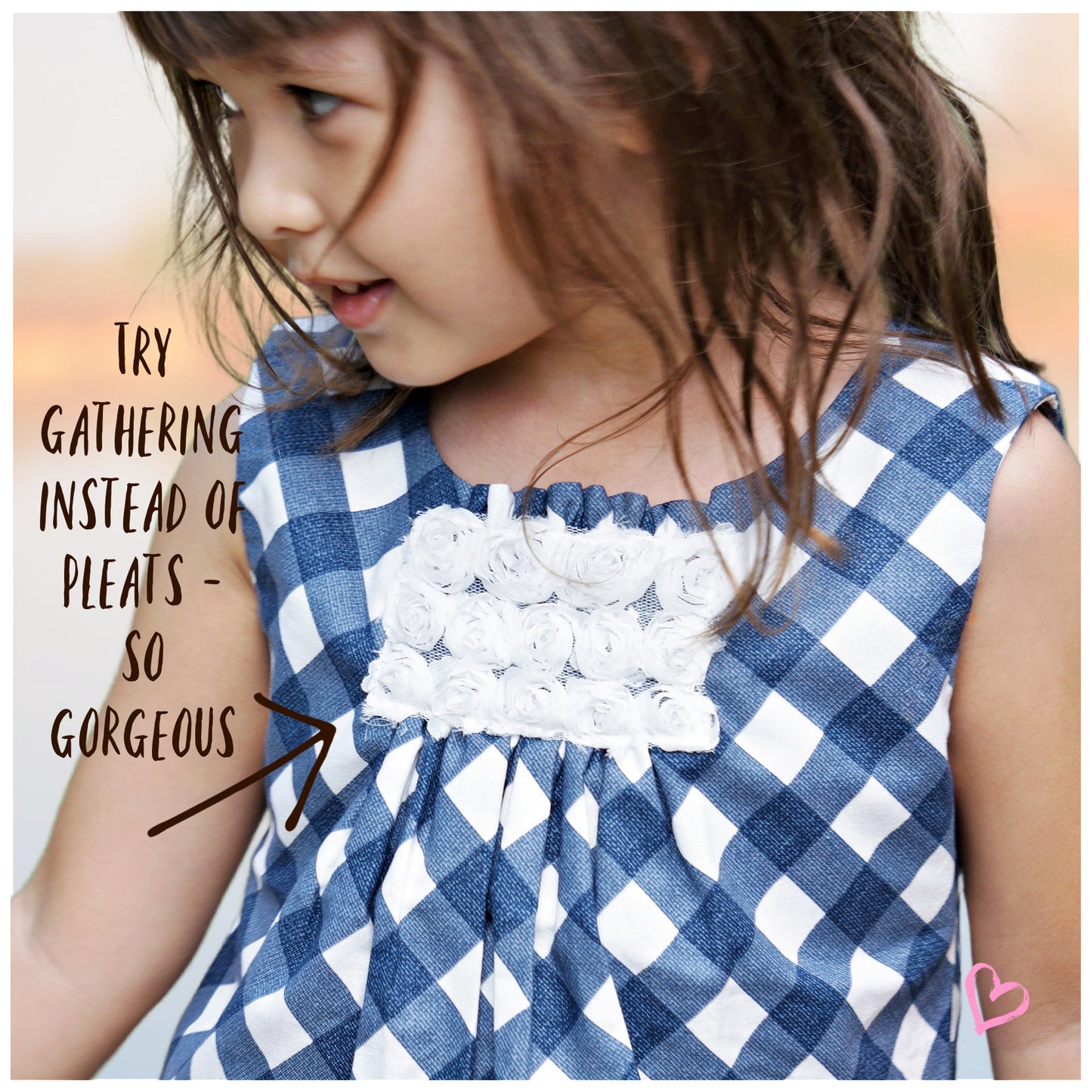 Pretty sleeveless summer dress with front pleats which open out. A-line shape, knee length. Sewing pattern and free video tutorial by Frocks & Frolics. 