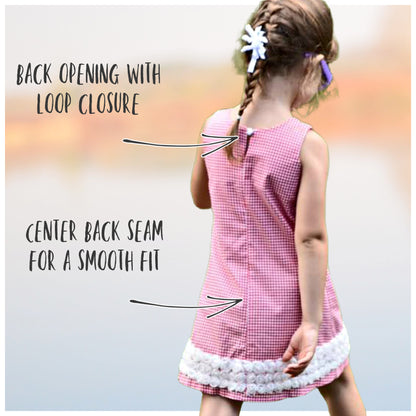 Pretty sleeveless summer dress with front pleats which open out. A-line shape, knee length. Sewing pattern and free video tutorial by Frocks & Frolics. 