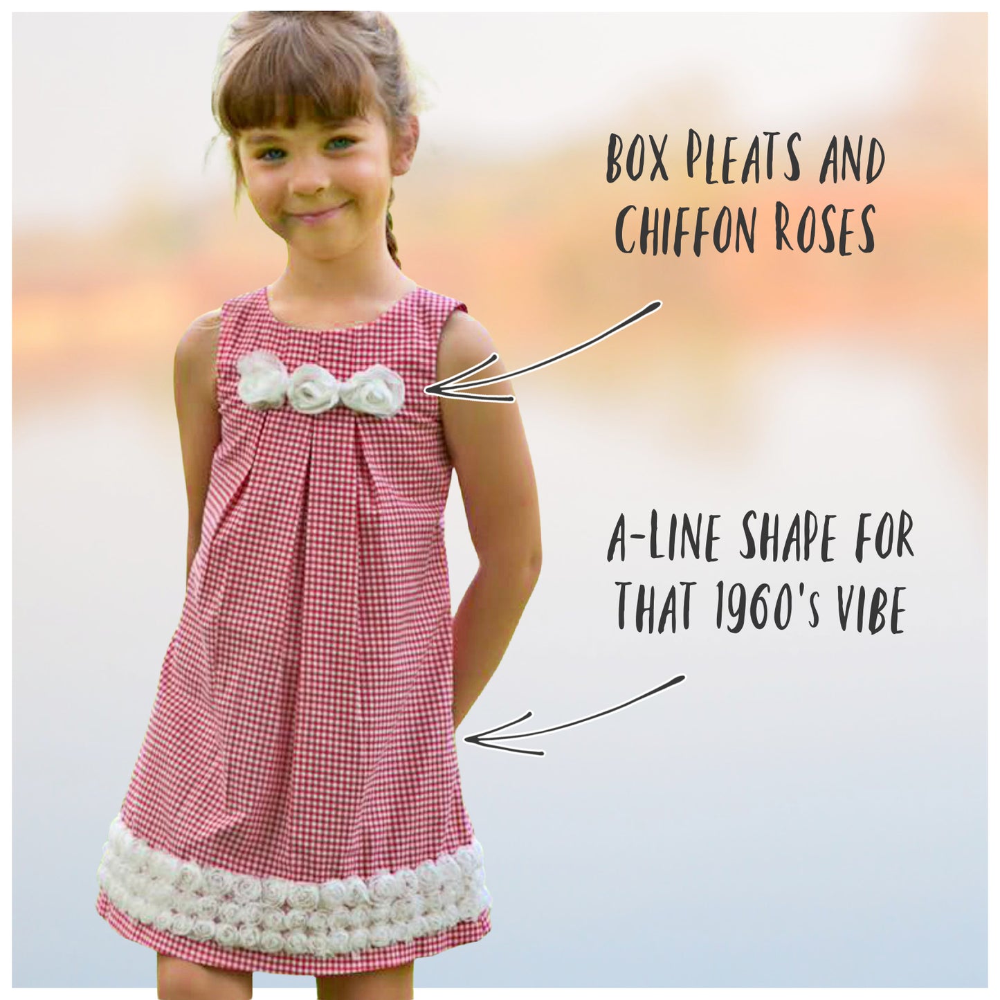 Pretty sleeveless summer dress with front pleats which open out. A-line shape, knee length. Sewing pattern and free video tutorial by Frocks & Frolics. 