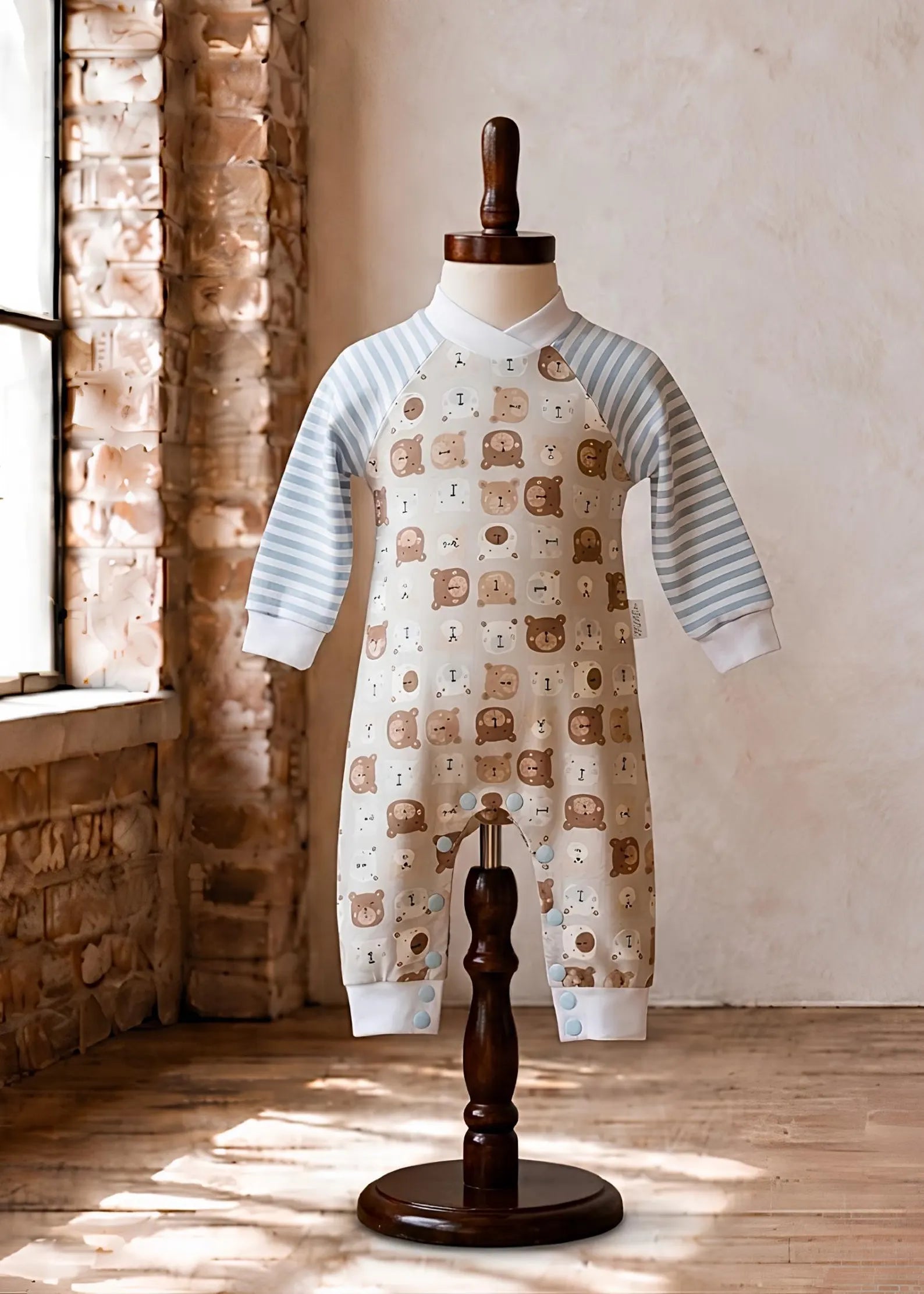A baby long-sleeve romper displayed on a wooden dress form mannequin in a rustic room with a brick column and window. The romper has light blue and white striped sleeves and a cream body covered in a pattern of brown teddy bears and small illustrations.