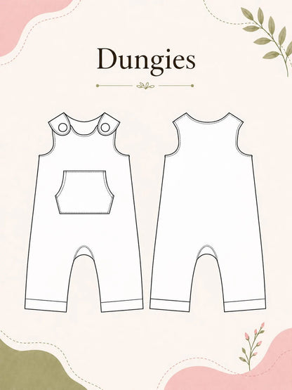 A flat line-art preview of a baby dungies garment pattern, showing front and back outlines on a soft cream background with decorative pink and green accents. The word 'Dungies' appears at the top.