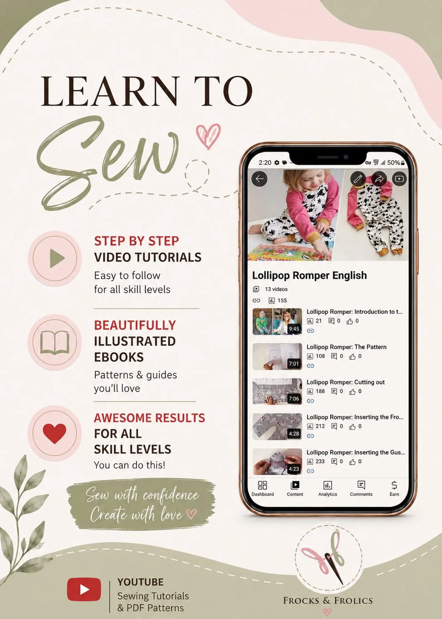 Promotional graphic for a sewing tutorial course titled 'LEARN TO Sew' by Frocks & Frolics. The design features a smartphone mockup displaying a video lesson about 'Lollipop Romper English' on a YouTube-style interface, alongside text highlighting key selling points like step-by-step video tutorials, illustrated ebooks, and great results.