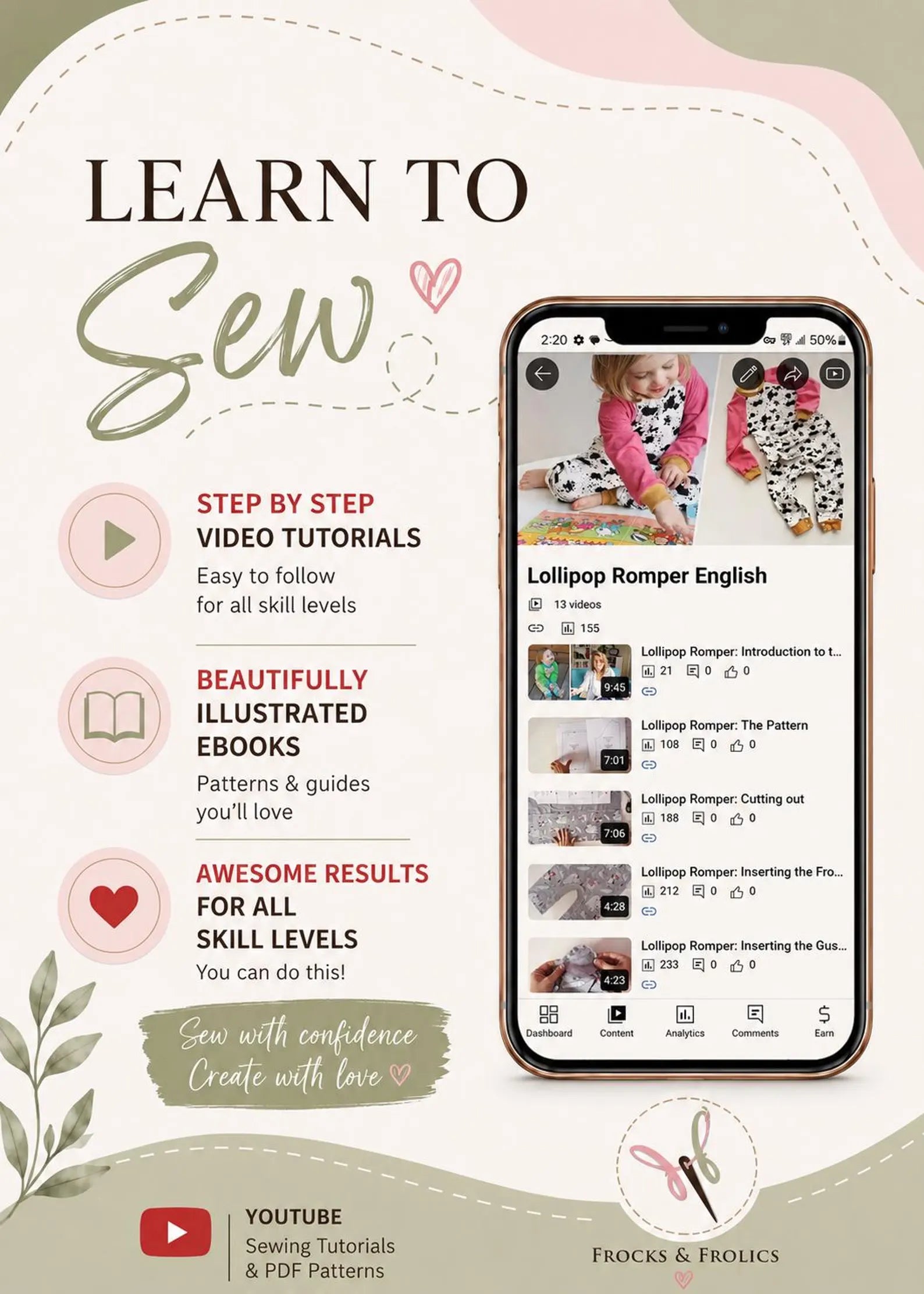 Promotional graphic for a sewing tutorial course titled 'LEARN TO Sew' by Frocks & Frolics. The design features a smartphone mockup displaying a video lesson about 'Lollipop Romper English' on a YouTube-style interface, alongside text highlighting key selling points like step-by-step video tutorials, illustrated ebooks, and great results.
