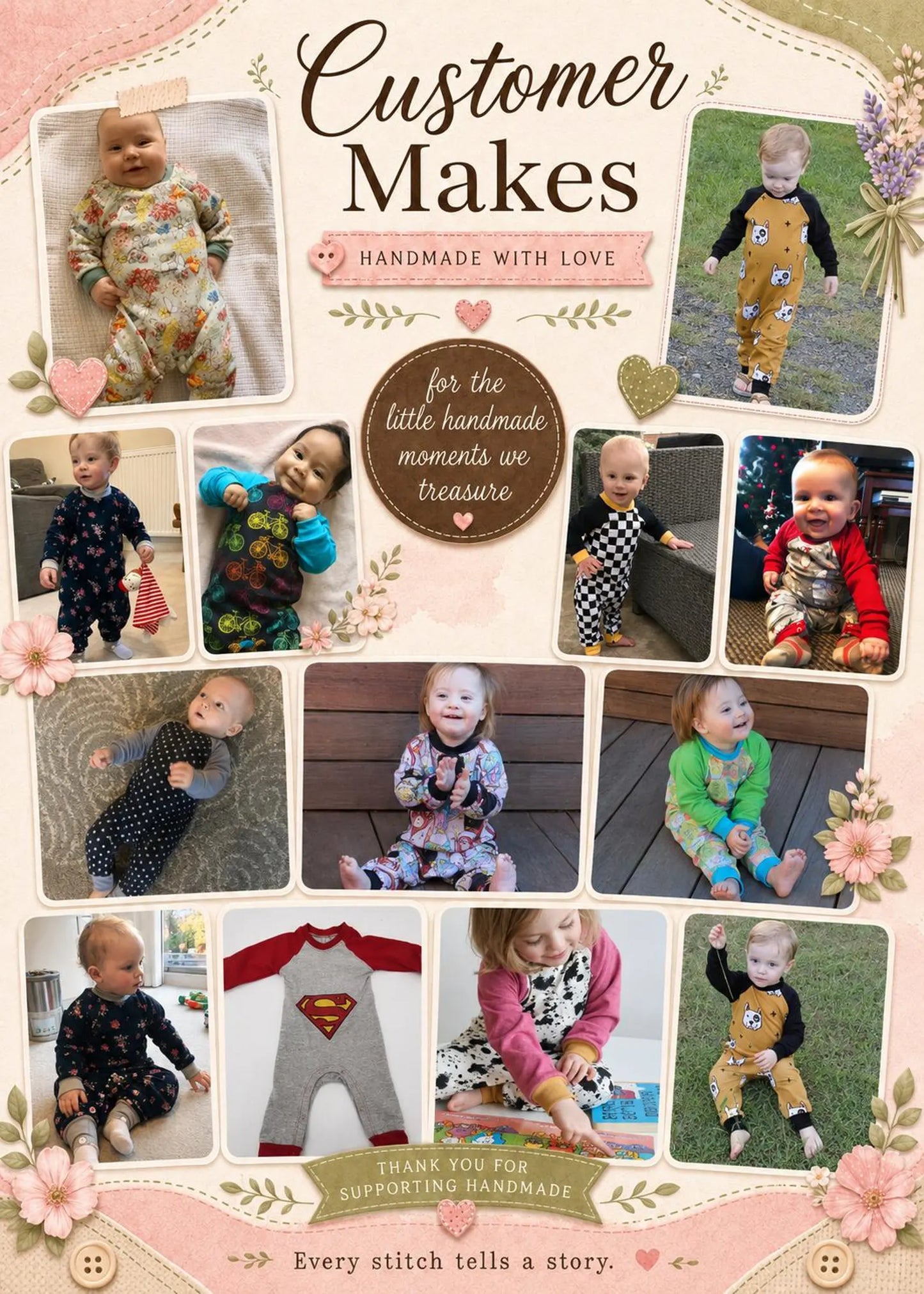 A collage-style promotional graphic with multiple photos of babies wearing handmade clothing, plus decorative text reading 'Customer Makes' and 'Handmade with Love.' This is not a clean single-product shot, not a measurement chart, swatch, or instruction diagram, and there is no single clearly isolated sellable product, so subject_type is Other.