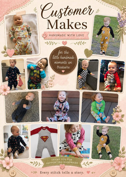 A collage-style promotional graphic with multiple photos of babies wearing handmade clothing, plus decorative text reading 'Customer Makes' and 'Handmade with Love.' This is not a clean single-product shot, not a measurement chart, swatch, or instruction diagram, and there is no single clearly isolated sellable product, so subject_type is Other.