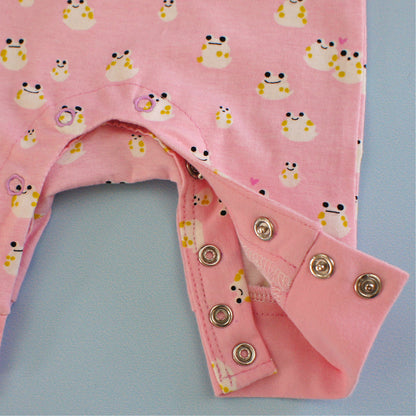 Lollipop romper, pdf sewing pattern by frocks and frolics. Raglan sleeves and full length legs with cuffs. Gusset in the inner leg seam and KamSnap closure.Teddybear print. Comes with video tutorial.