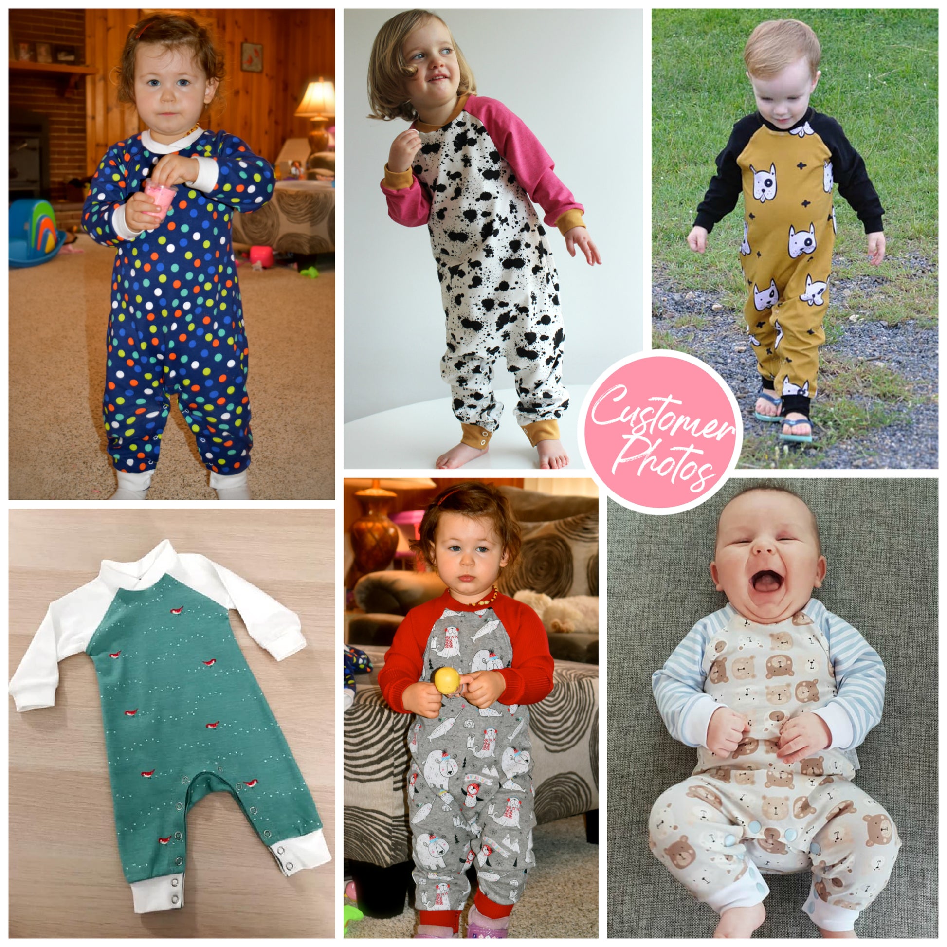 Lollipop romper, pdf sewing pattern by frocks and frolics. Raglan sleeves and full length legs with cuffs. Gusset in the inner leg seam and KamSnap closure.Teddybear print. Comes with video tutorial.