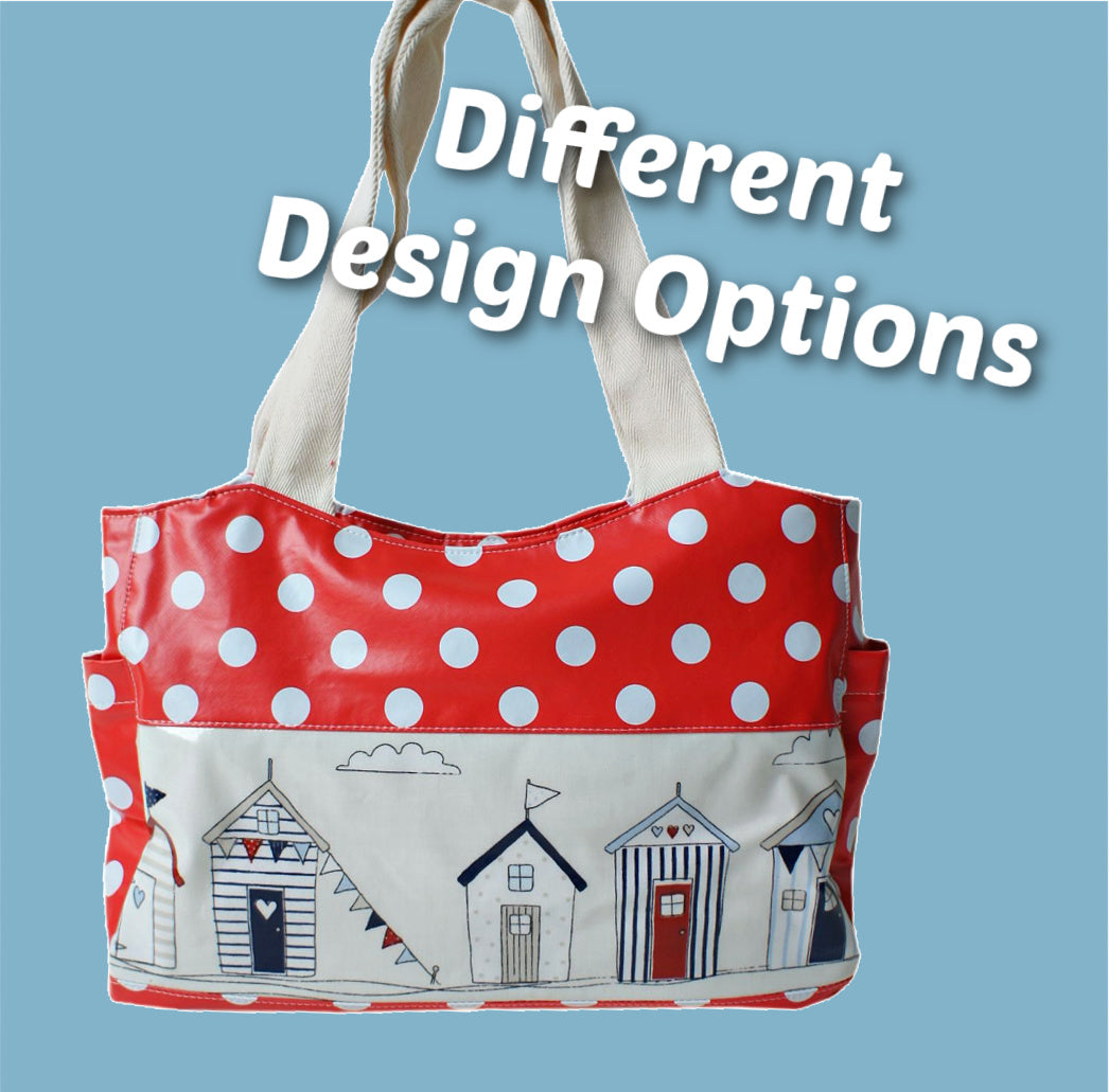 London tote bag pdf sewing pattern by Frocks & Frolics. In laminated oil cloth. Pink with dianty flowers. Wide handles and outside pockets. Fully lined, recessed zip. Comes with a free video course.