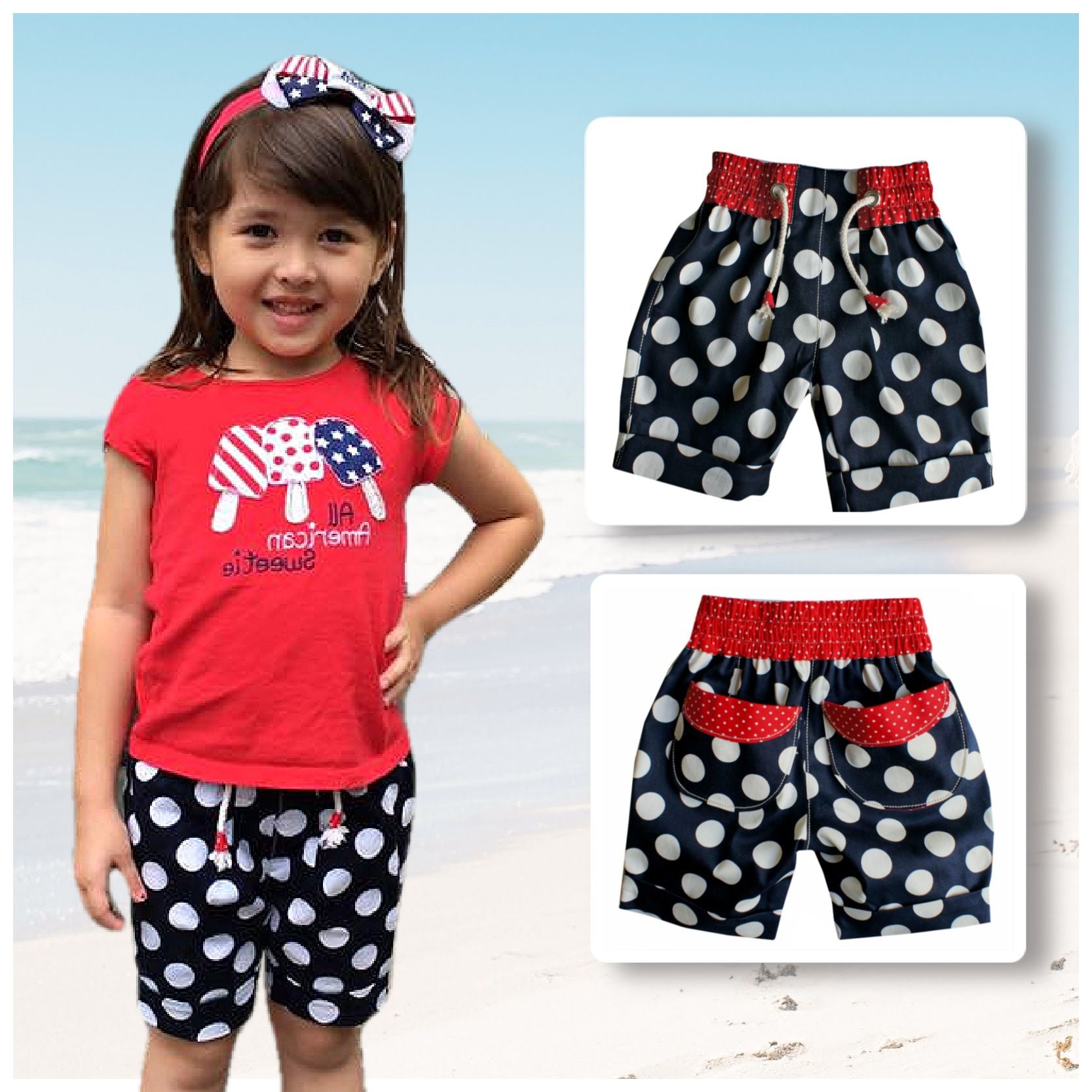 Maisy shorts pdf sewing pattern by Frocks & Frolics. Blue and white print with belt loopes, ties, side pockets and back patch pockets. The pattern includes video tutorials for every step.