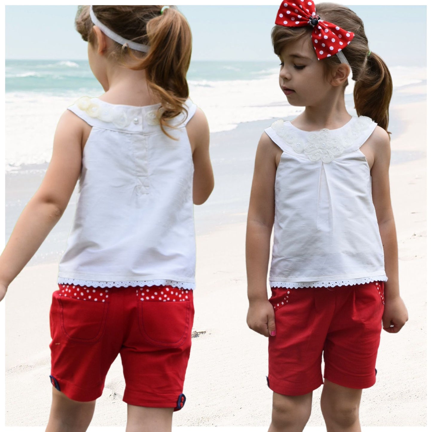 Maisy shorts pdf sewing pattern by Frocks & Frolics. red linen with belt loopes, ties, side pockets and back patch pockets. The pattern includes video tutorials for every step.