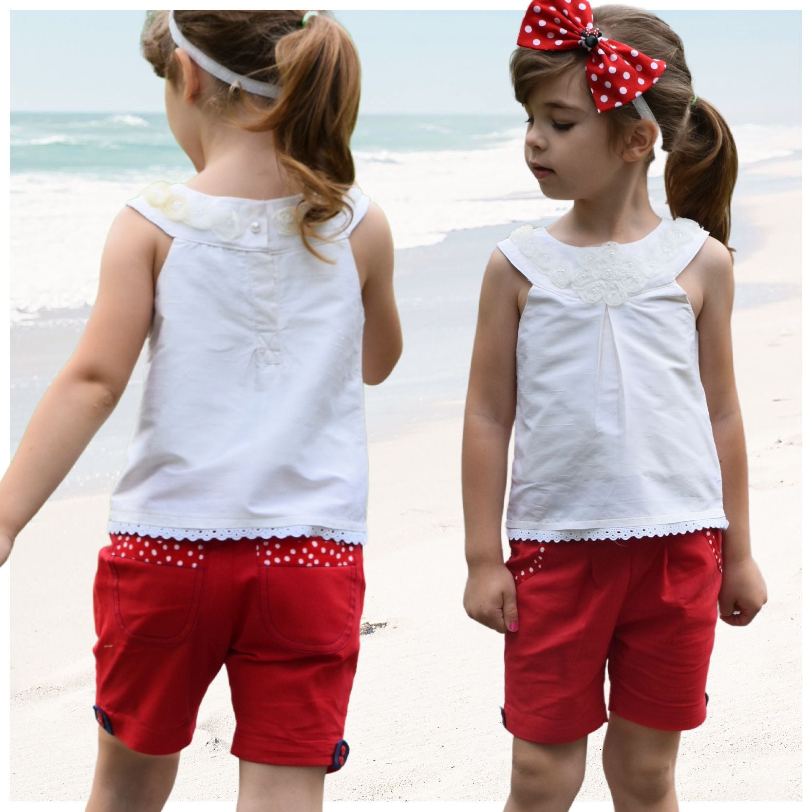 Maisy shorts pdf sewing pattern by Frocks & Frolics. red linen with belt loopes, ties, side pockets and back patch pockets. The pattern includes video tutorials for every step.