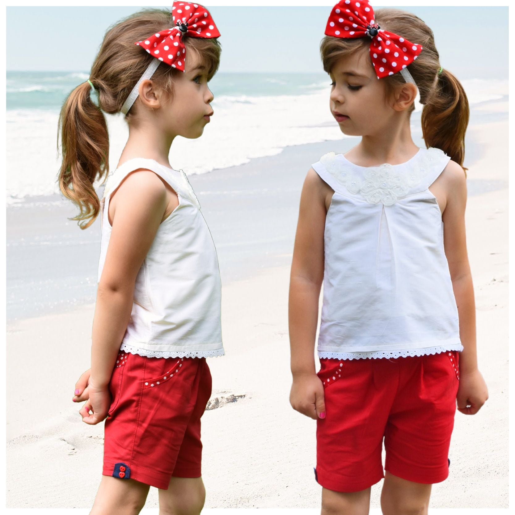 Maisy shorts pdf sewing pattern by Frocks & Frolics. red linen with belt loopes, ties, side pockets and back patch pockets. The pattern includes video tutorials for every step.