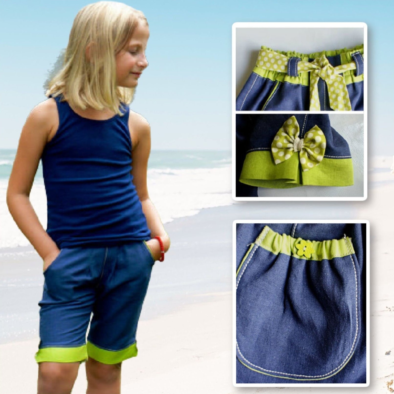 Maisy shorts pdf sewing pattern by Frocks & Frolics. Blue linen with belt loopes, ties, side pockets and back patch pockets. The pattern includes video tutorials for every step.