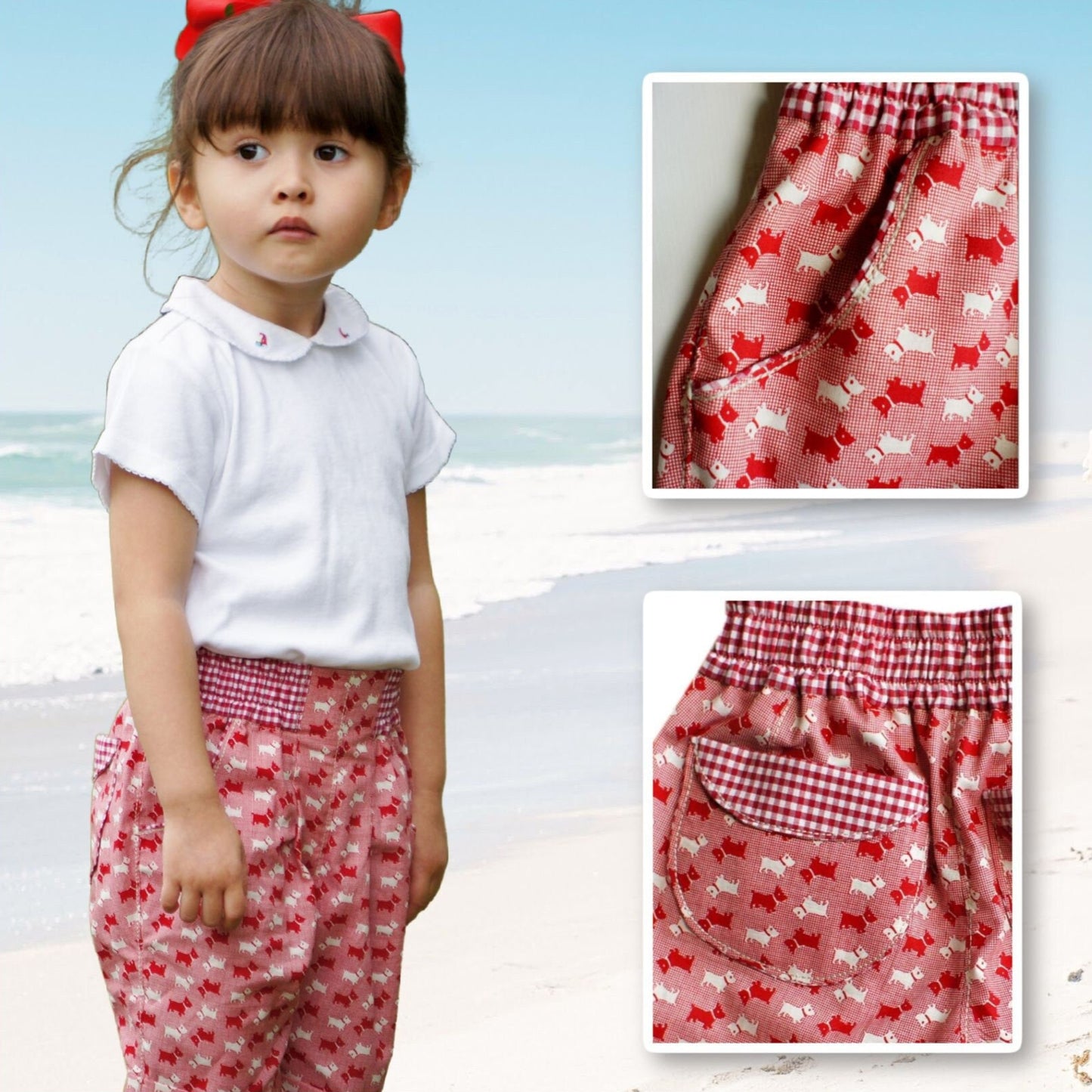 Maisy shorts pdf sewing pattern by Frocks & Frolics. red linen with belt loopes, ties, side pockets and back patch pockets. The pattern includes video tutorials for every step.