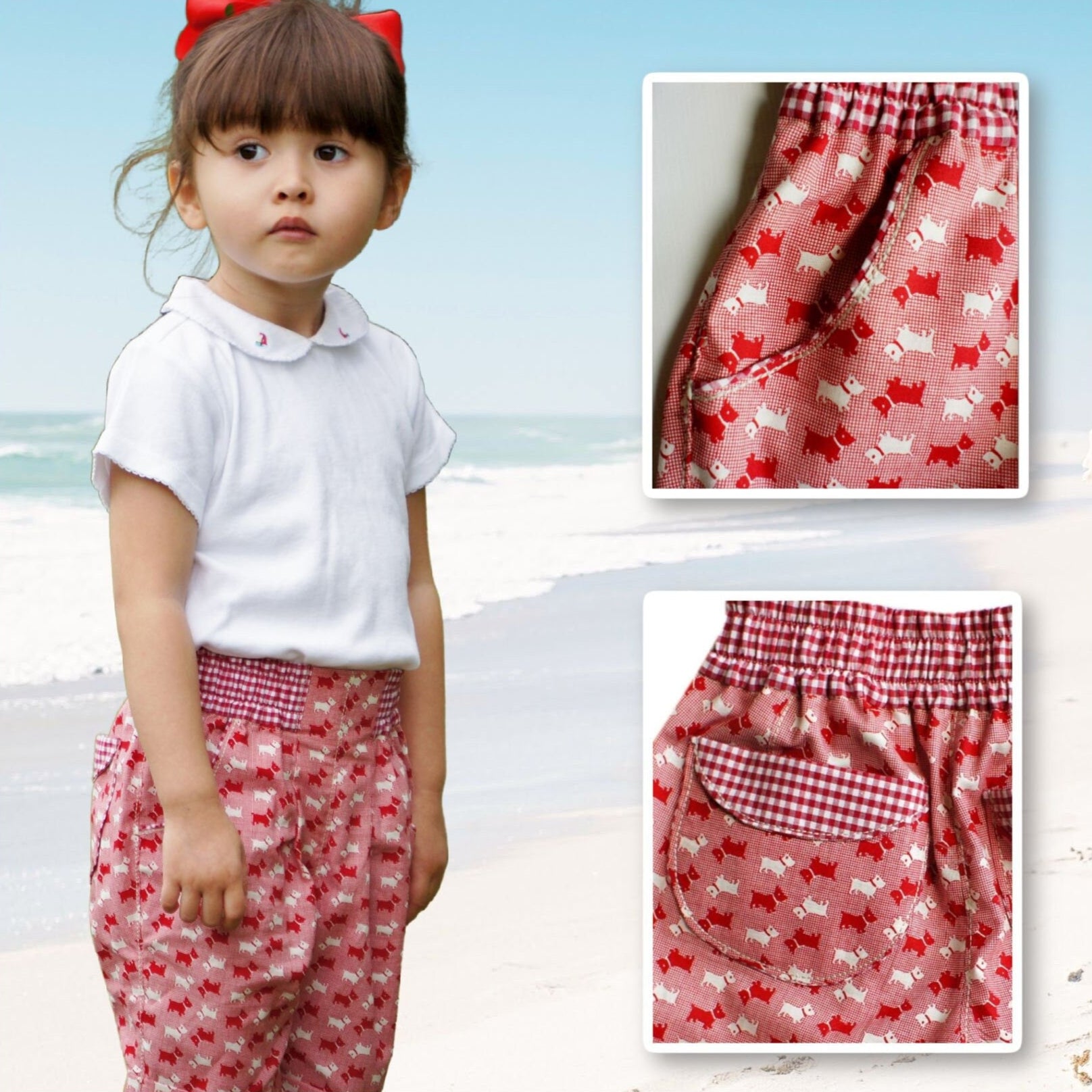 Maisy shorts pdf sewing pattern by Frocks & Frolics. red linen with belt loopes, ties, side pockets and back patch pockets. The pattern includes video tutorials for every step.
