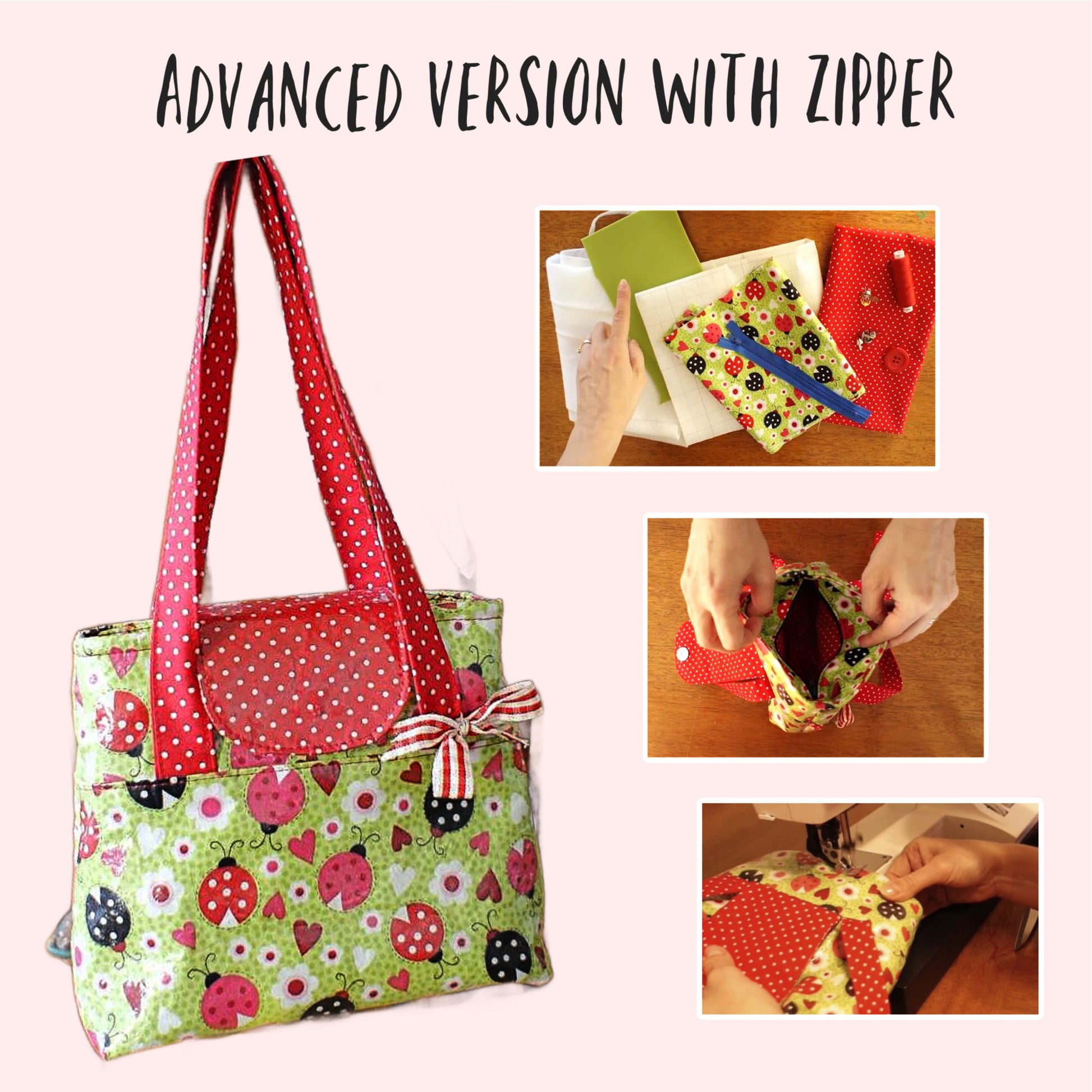 Mary-Lou girls tote, pdf sewing pattern by frocks and frolics. Made in both upholstery fabric and laminated table cloth or oil fabric. Fully lined with optional recessed zip. Comes with many video tutorials for multiple sewing methods.