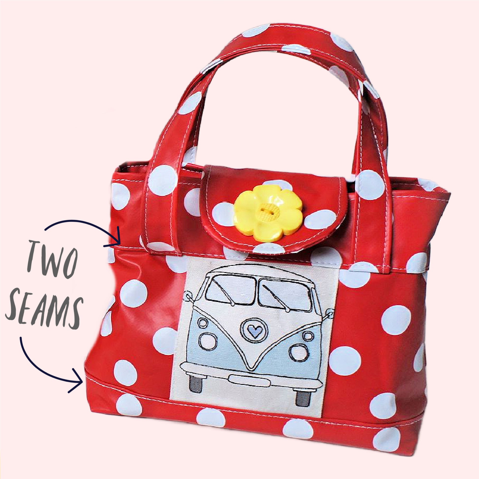 Mary-Lou girls tote, pdf sewing pattern by frocks and frolics. Made in both upholstery fabric and laminated table cloth or oil fabric. Fully lined with optional recessed zip. Comes with many video tutorials for multiple sewing methods.