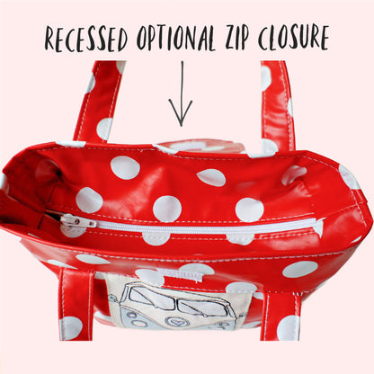Mary-Lou girls tote, pdf sewing pattern by frocks and frolics. Made in both upholstery fabric and laminated table cloth or oil fabric. Fully lined with optional recessed zip. Comes with many video tutorials for multiple sewing methods.
