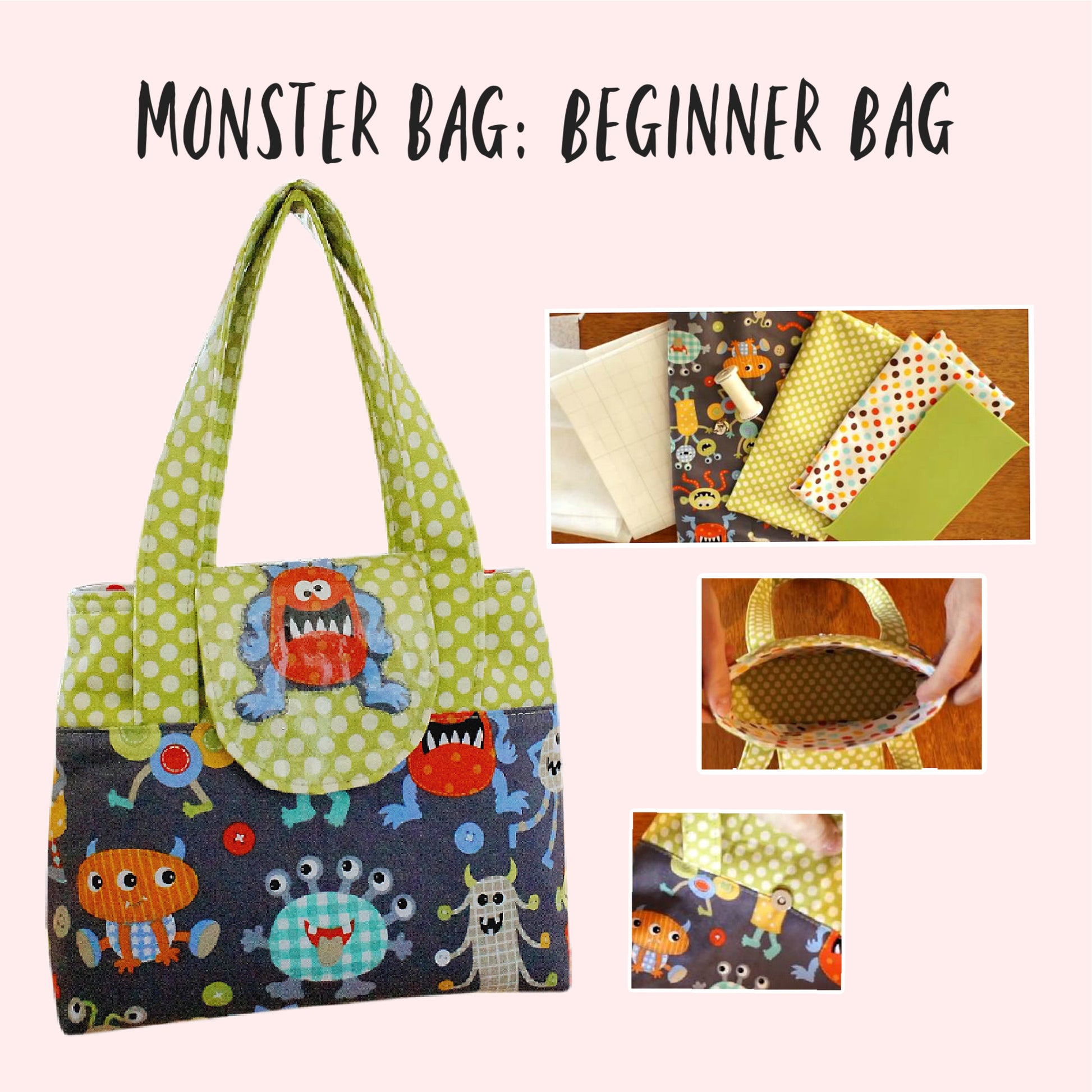 Mary-Lou girls tote, pdf sewing pattern by frocks and frolics. Made in both upholstery fabric and laminated table cloth or oil fabric. Fully lined with optional recessed zip. Comes with many video tutorials for multiple sewing methods.