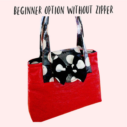 Mary-Lou girls tote, pdf sewing pattern by frocks and frolics. Made in both upholstery fabric and laminated table cloth or oil fabric. Fully lined with optional recessed zip. Comes with many video tutorials for multiple sewing methods.
