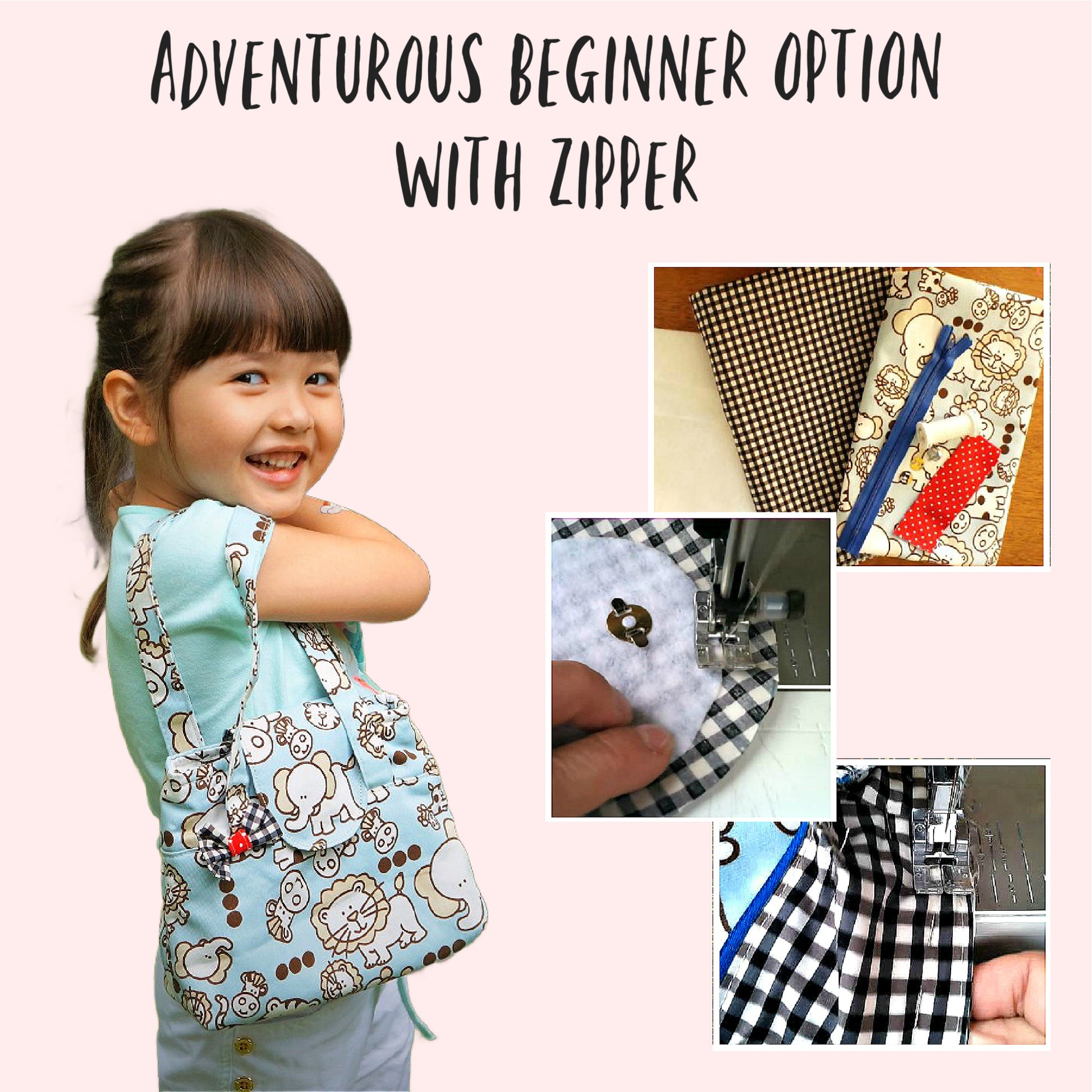 Mary-Lou girls tote, pdf sewing pattern by frocks and frolics. Made in both upholstery fabric and laminated table cloth or oil fabric. Fully lined with optional recessed zip. Comes with many video tutorials for multiple sewing methods.