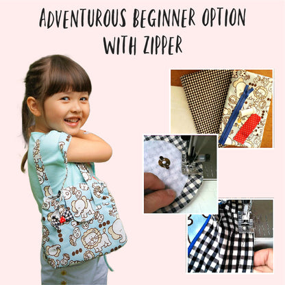 Mary-Lou girls tote, pdf sewing pattern by frocks and frolics. Made in both upholstery fabric and laminated table cloth or oil fabric. Fully lined with optional recessed zip. Comes with many video tutorials for multiple sewing methods.