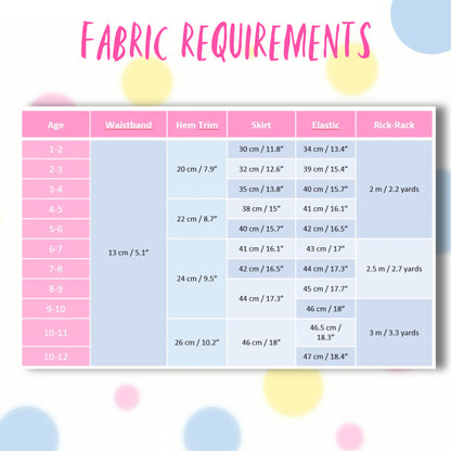 Melinda skirt, pdf sewing pattern by Frocks & Frolics. Elasticated waist with feature front panel. Comes with video tutorial. Fabric requirements.