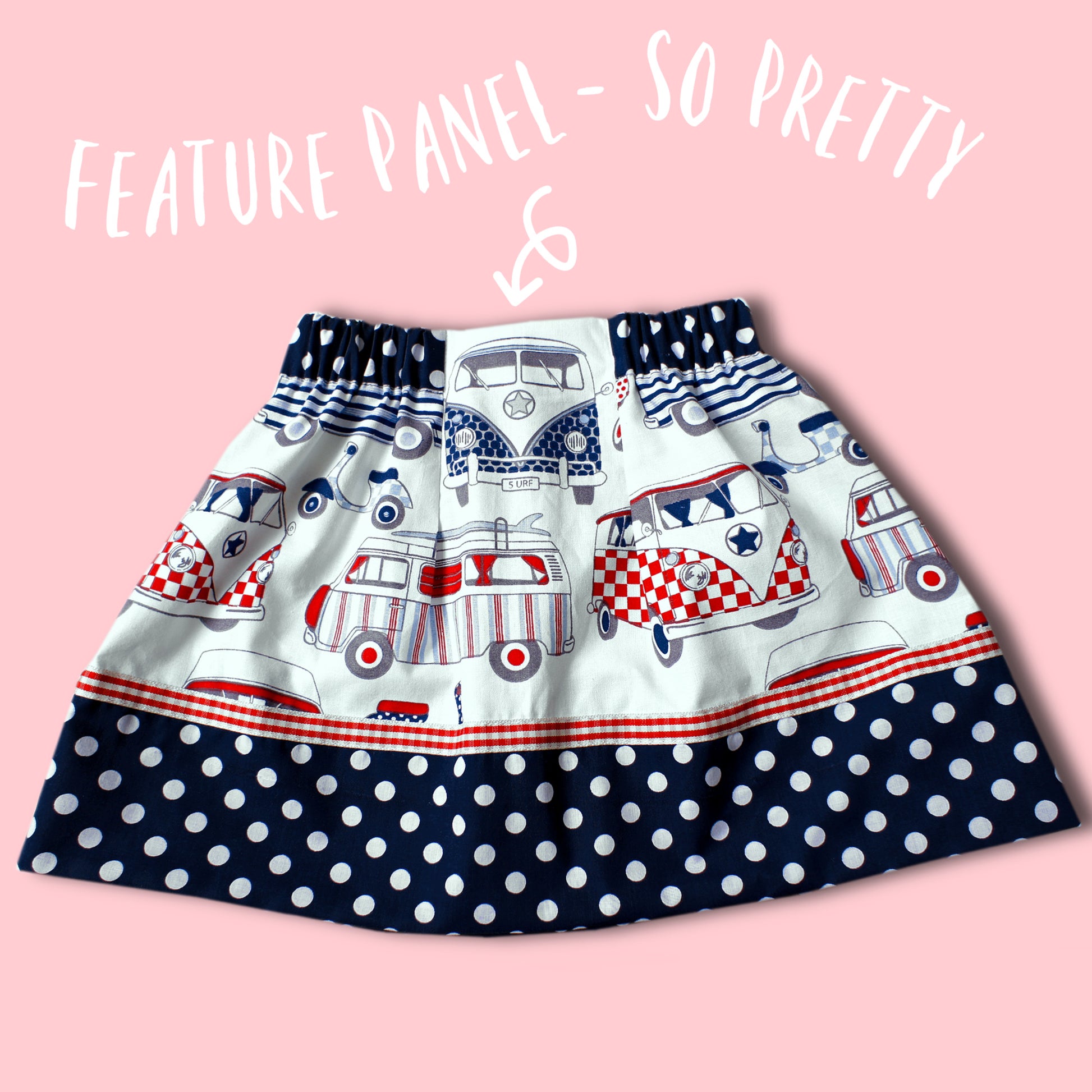 Melinda skirt, pdf sewing pattern by Frocks & Frolics. Elasticated waist with feature front panel. Hem trim with rick-rack finish.Nautical theme with white on blue polka dots and a sea side scene for the trim. Comes with video tutorial.