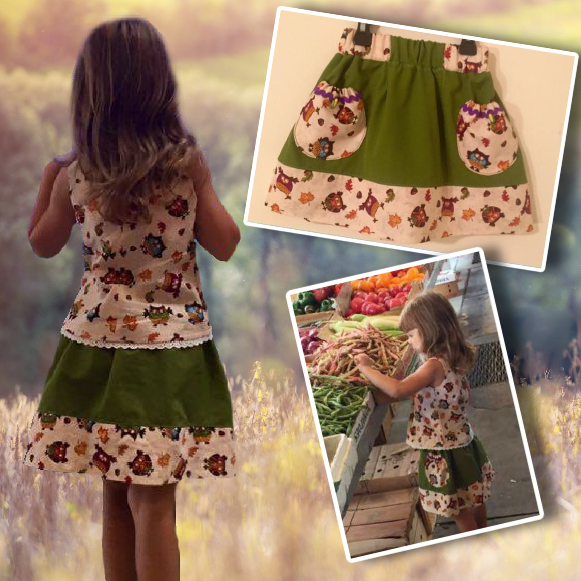 Melinda skirt, pdf sewing pattern by Frocks & Frolics. Elasticated waist with feature front panel. Wide hem Owel theme Comes with video tutorial.