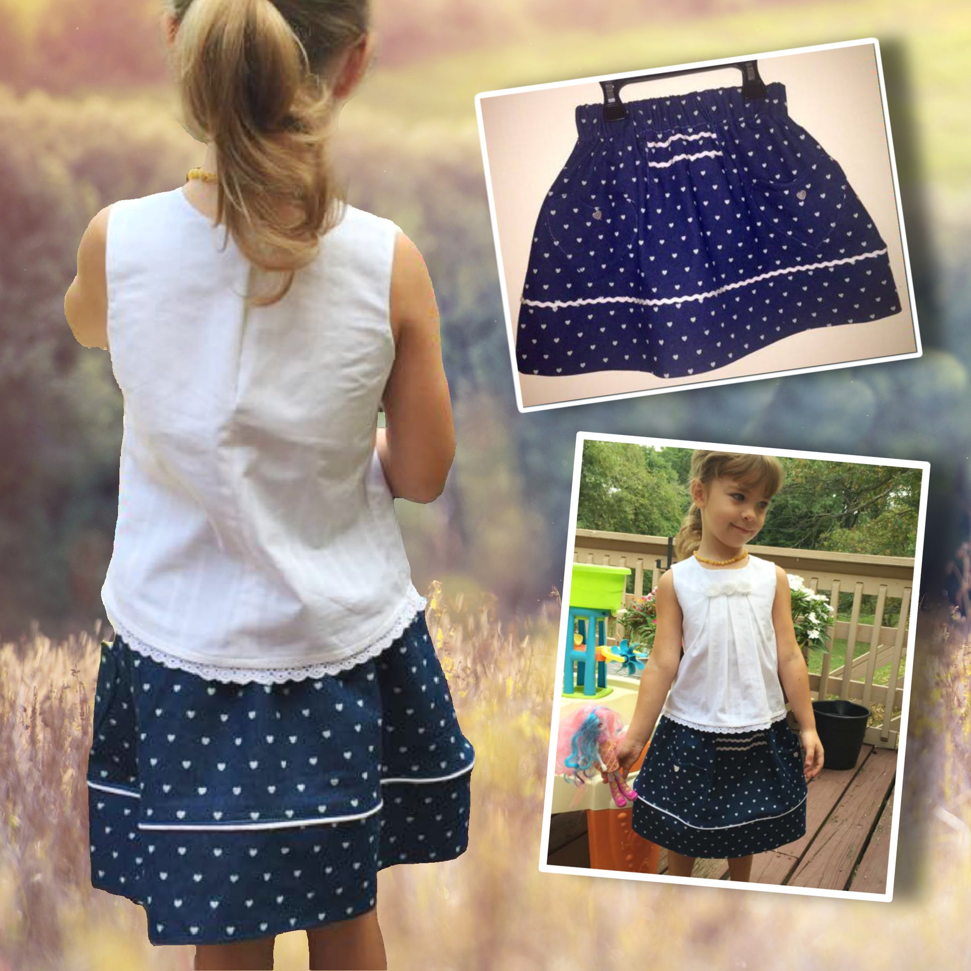 Melinda skirt, pdf sewing pattern by Frocks & Frolics. Elasticated waist with feature front panel. Hem trim with piping finish.  Comes with video tutorial.