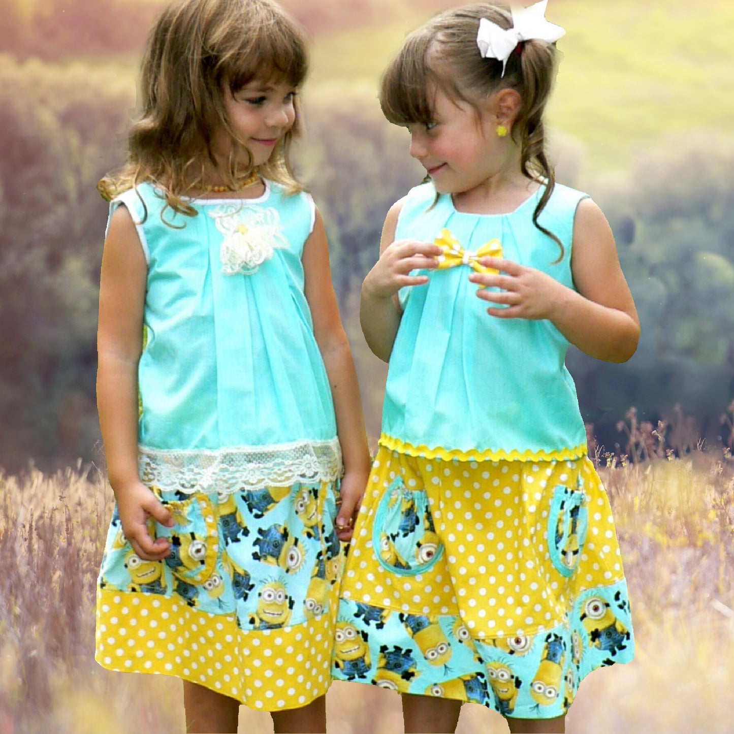 Melinda skirt, pdf sewing pattern by Frocks & Frolics. Elasticated waist with feature front panel. Hem trim with rick-rack finish. MonsterInc themed skirt. Comes with video tutorial.
