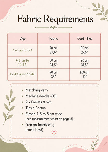A fabric requirements chart with a measurement table for different age groups, listing fabric and cord lengths, plus a list of materials including matching yarn, a machine needle, eyelets, ties, elastic, and ironing instructions on a decorative cream background.