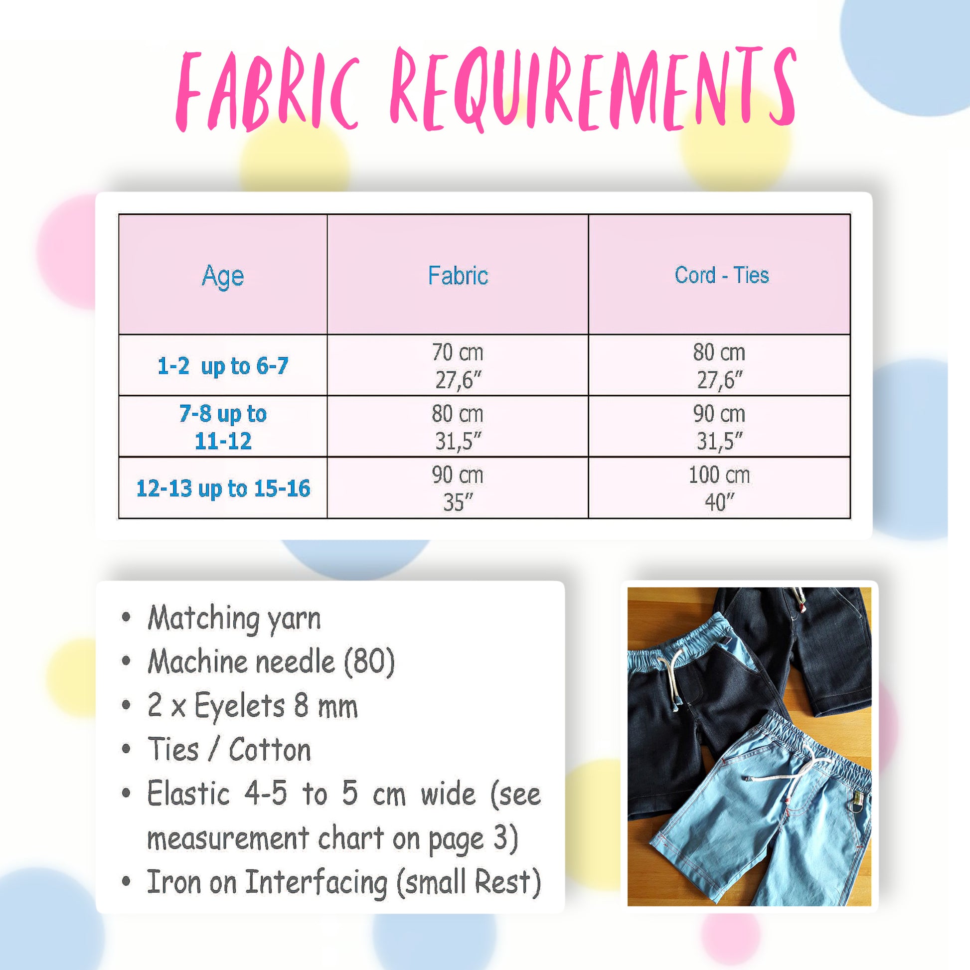 Oscar shorts, pdf sewing pattern by frocks and frolics, boys slacks, Bermuda shorts, age 1-14. Shorts have side pockets an elasticated waist and contrast turn up. Fabric requirements.