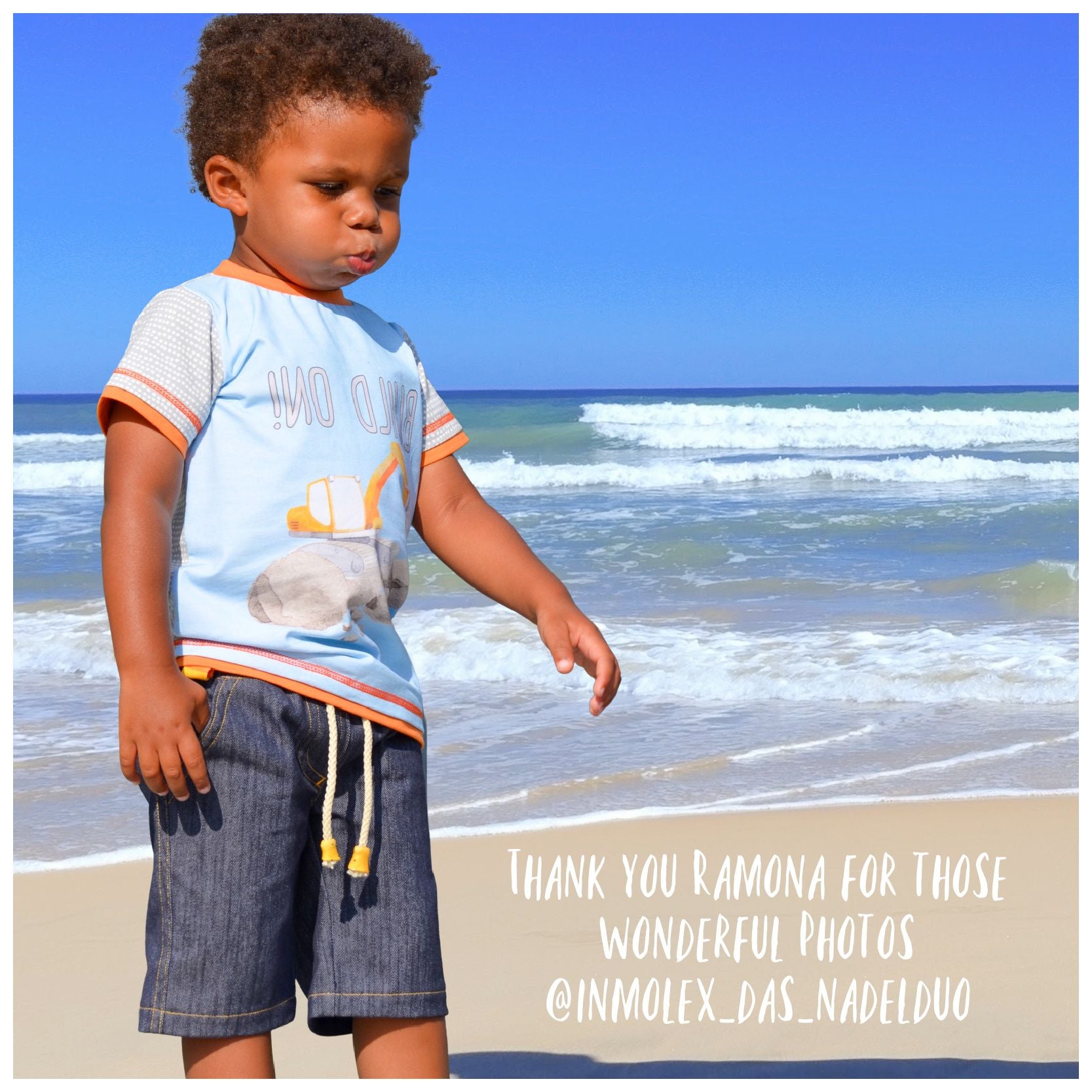 Oscar shorts, pdf sewing pattern by frocks and frolics, boys slacks, Bermuda shorts, age 1-14. Shorts have side pockets an elasticated waist and contrast turn up.